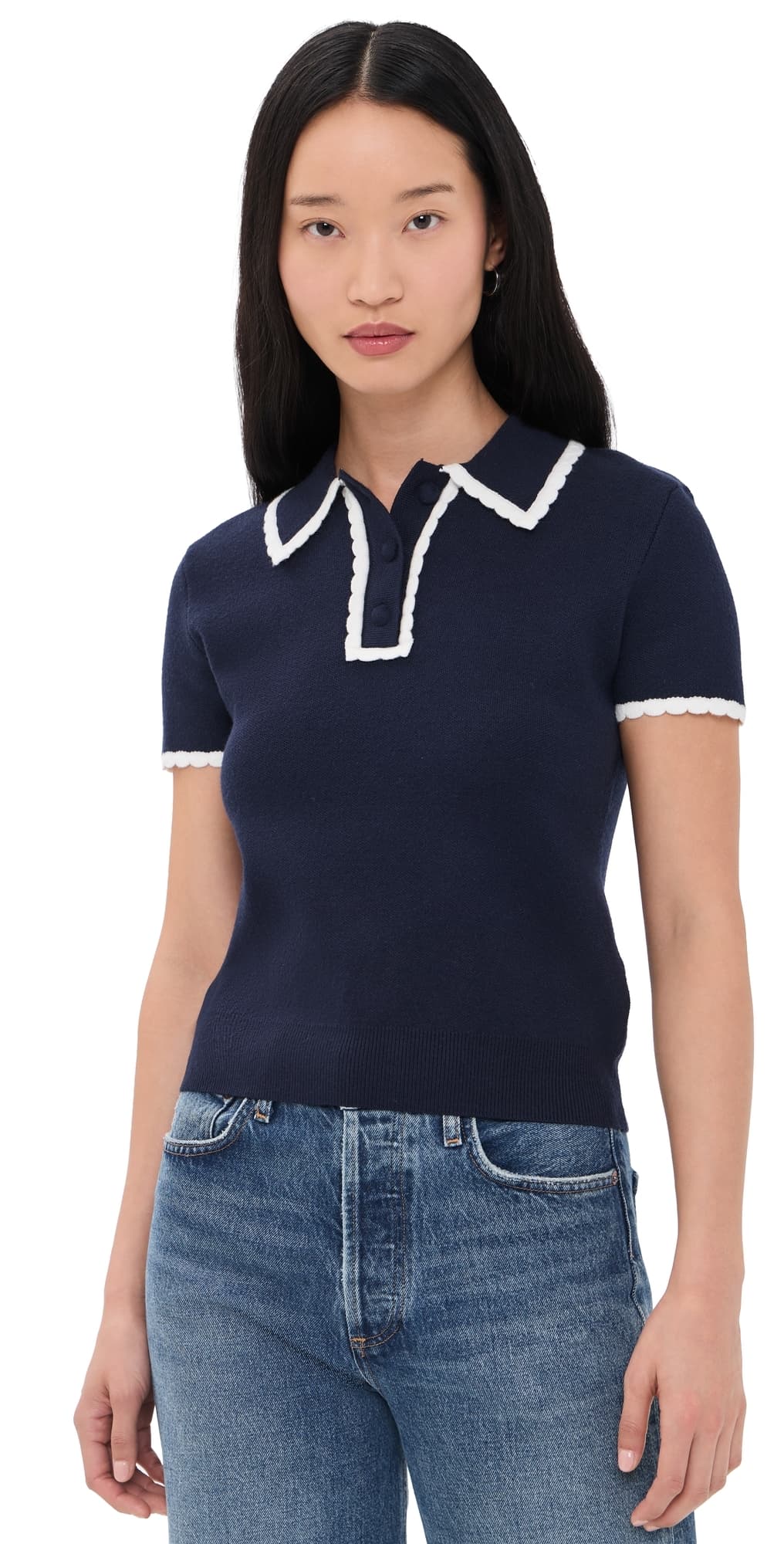 English Factory Scallop Detailed Short Sleeve Polo Navy/White