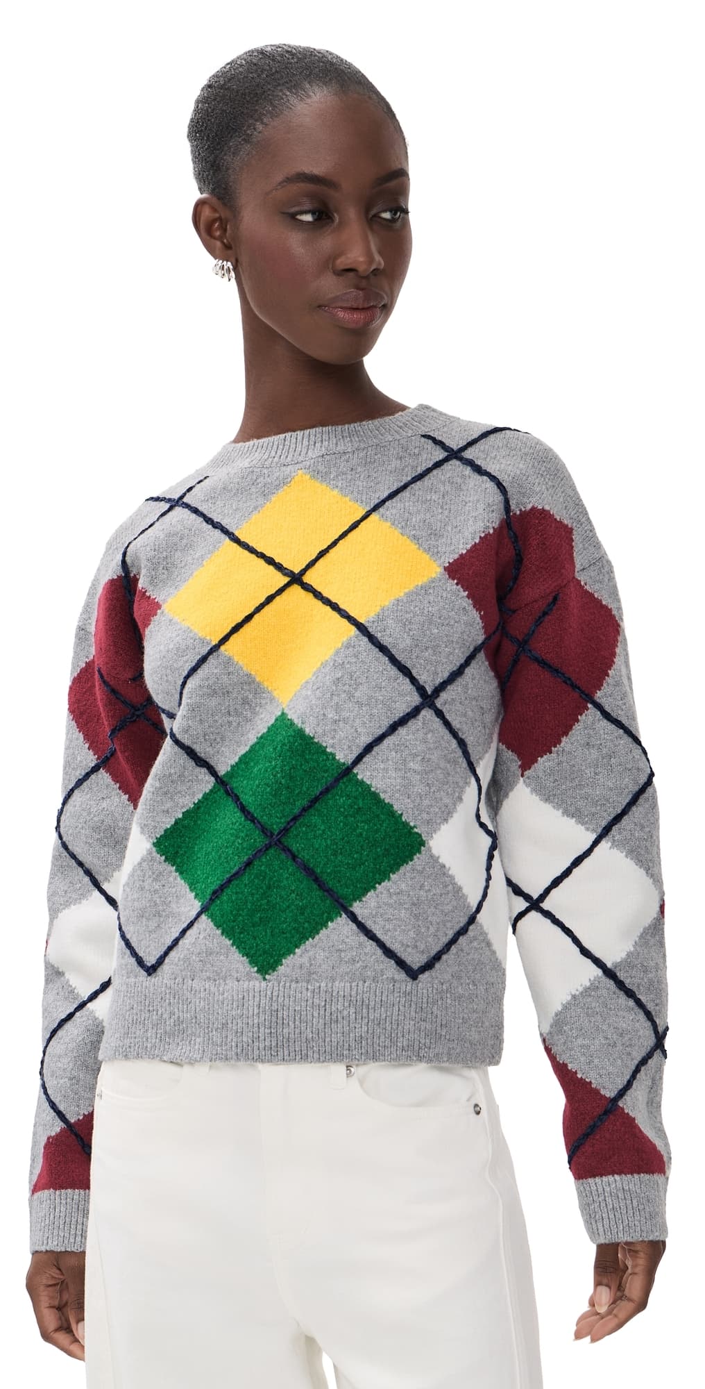 English Factory Argyle Whipstitch Knit Sweater Light Grey Multi