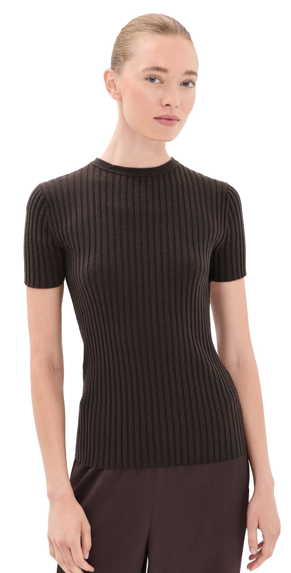 The Elder Statesman Superlight Cashmere Ellie Rib Knit Tee Espresso