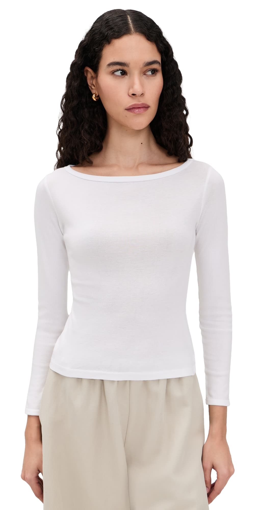 Enza Costa Fine Cotton Boat Neck Long Sleeve Top White