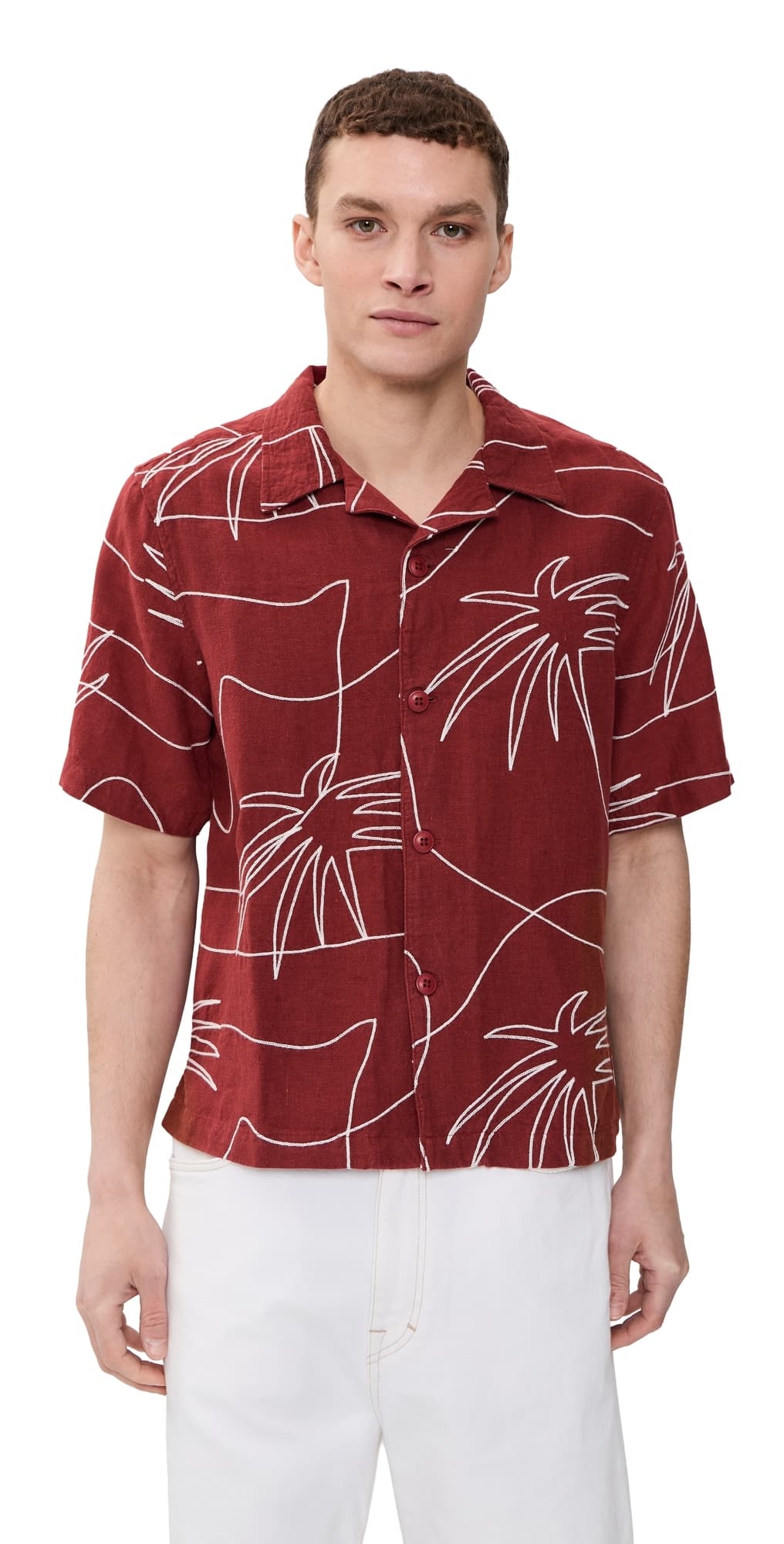 Far Afield Veloso Embroidered Linen Palm Shirt Red