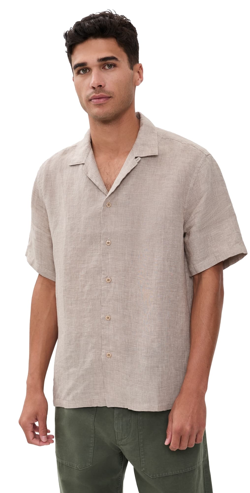 Faherty Short Sleeve Laguna Linen Camp Shirt Khaki Pincheck