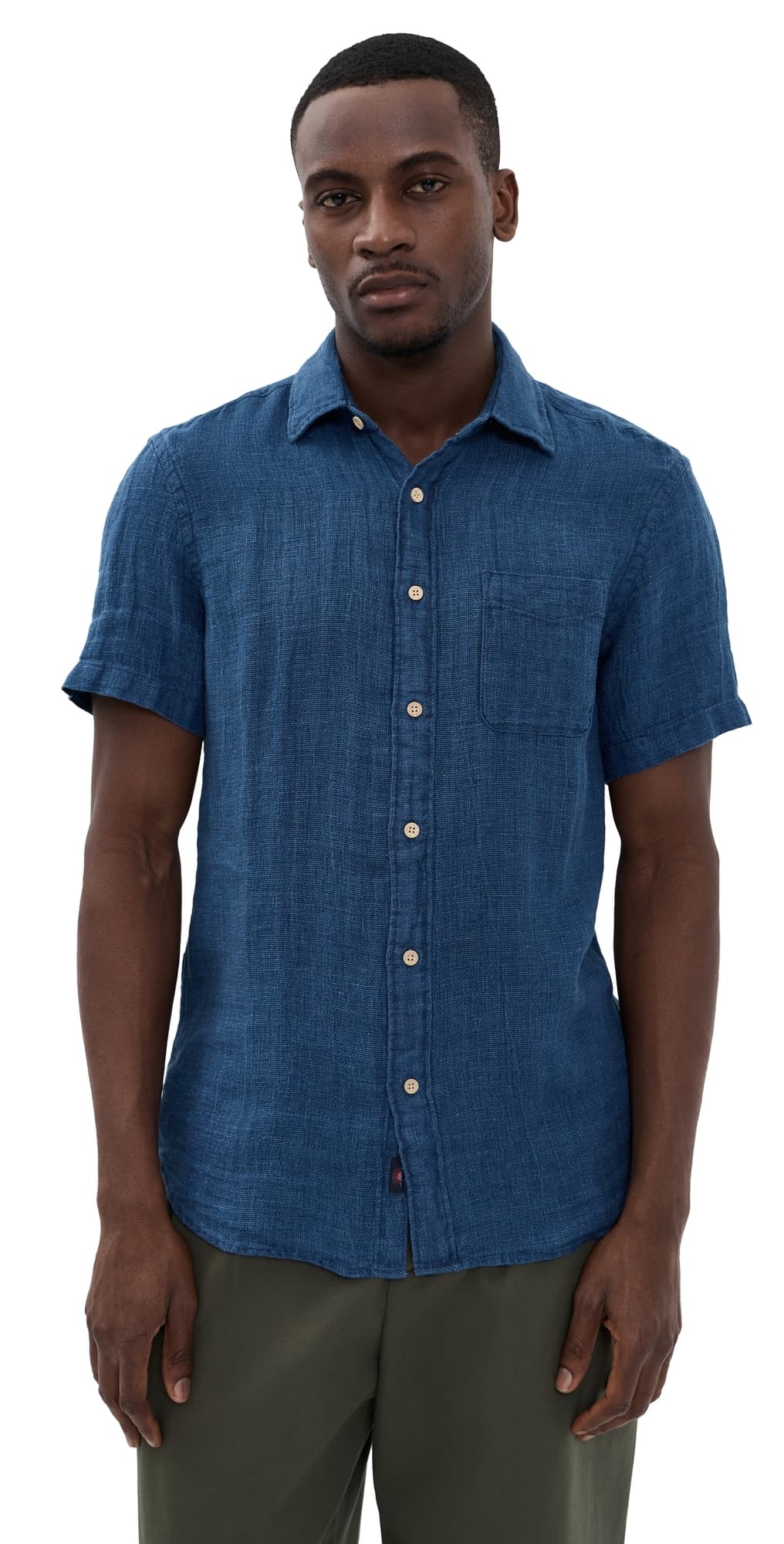 Faherty Short Sleeve Palma Linen Shirt Indigo Basketweave