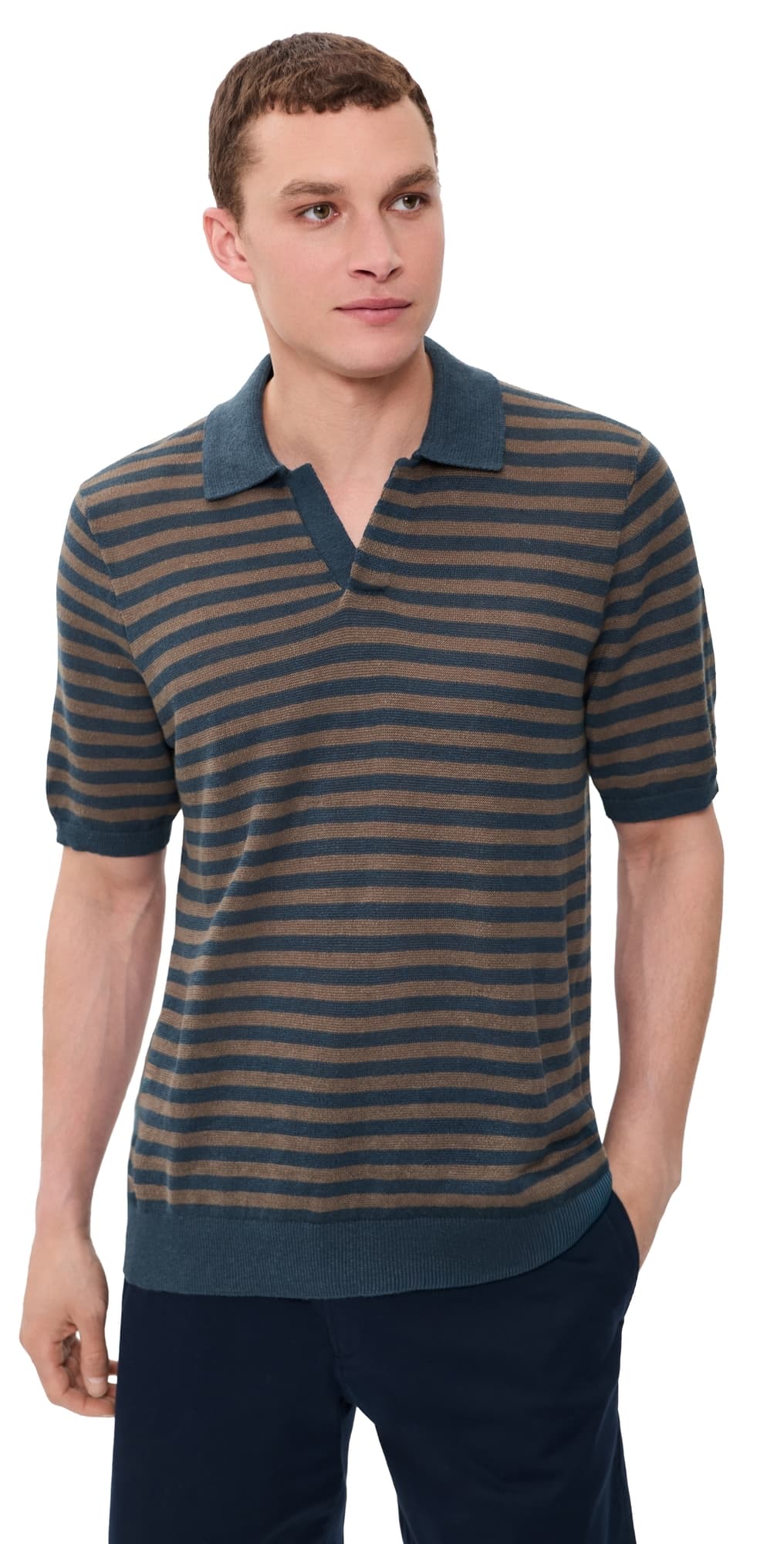 Faherty Linen Sweater Polo Top Navy Cedar Stripe