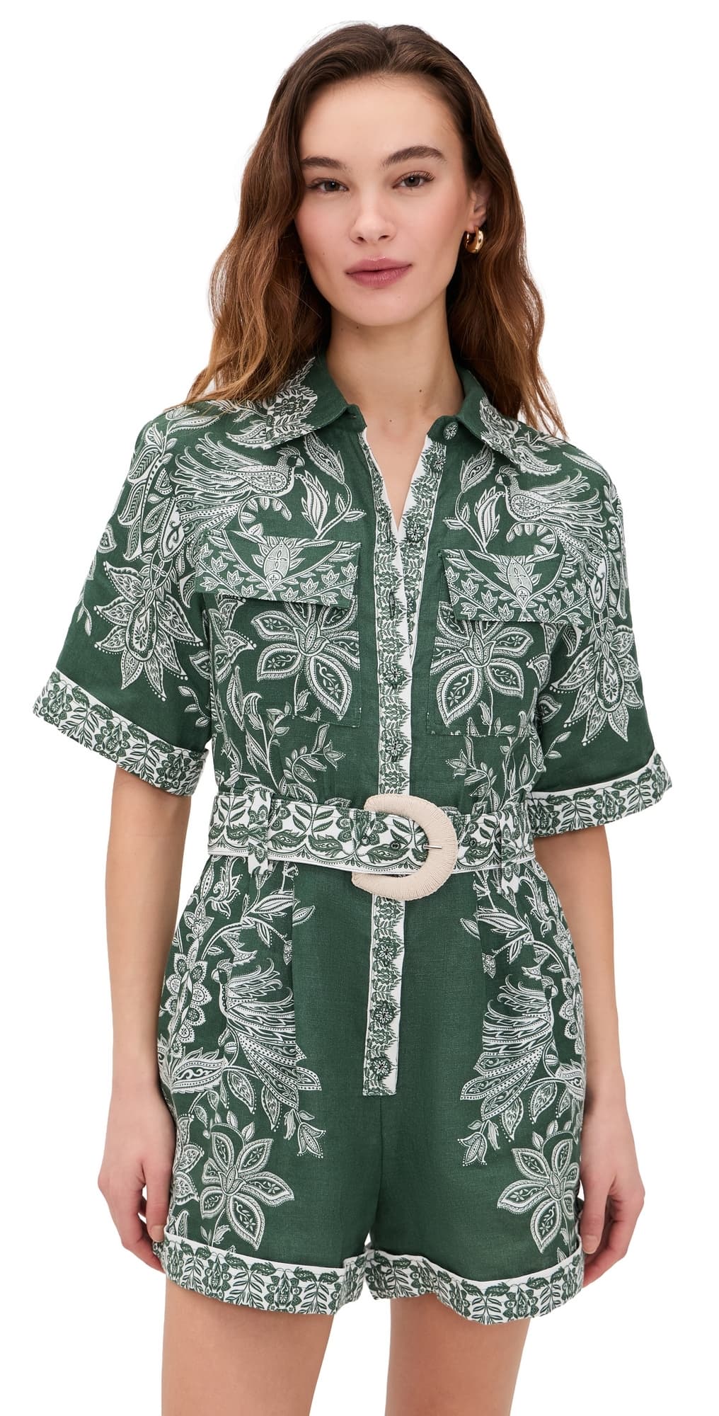 FARM Rio Miranda Short Sleeve Linen Romper Miranda Dark Green
