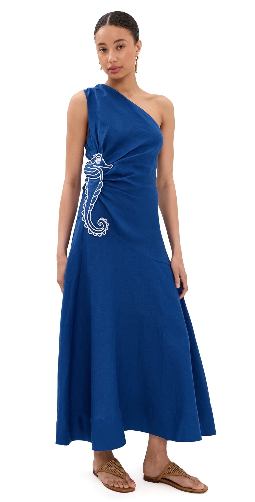 FARM Rio Seahorse Embroidery One Shoulder Linen Maxi Dress Blue