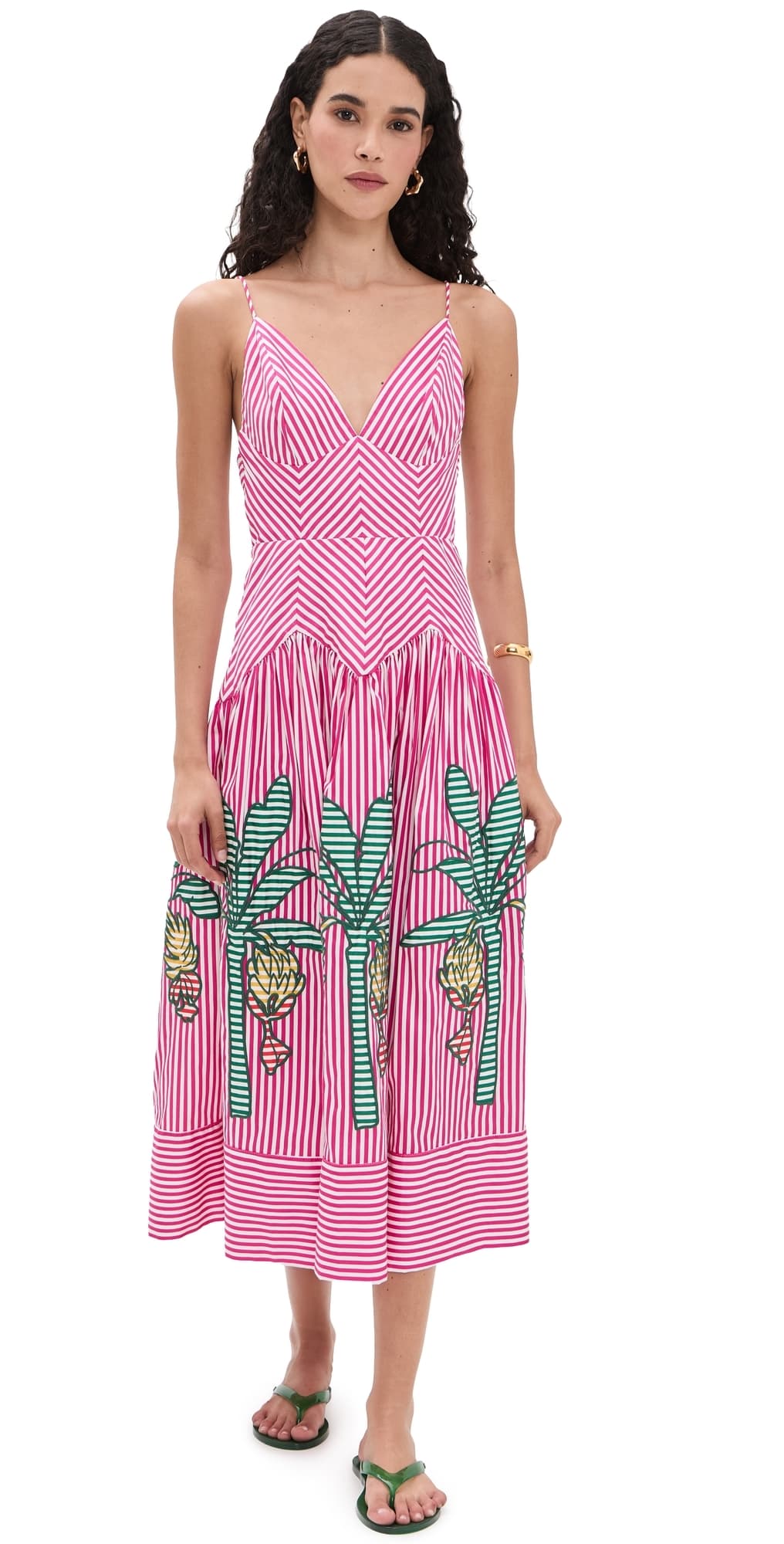 FARM Rio Palm Tree Cutwork Stripes Midi Dress Multi