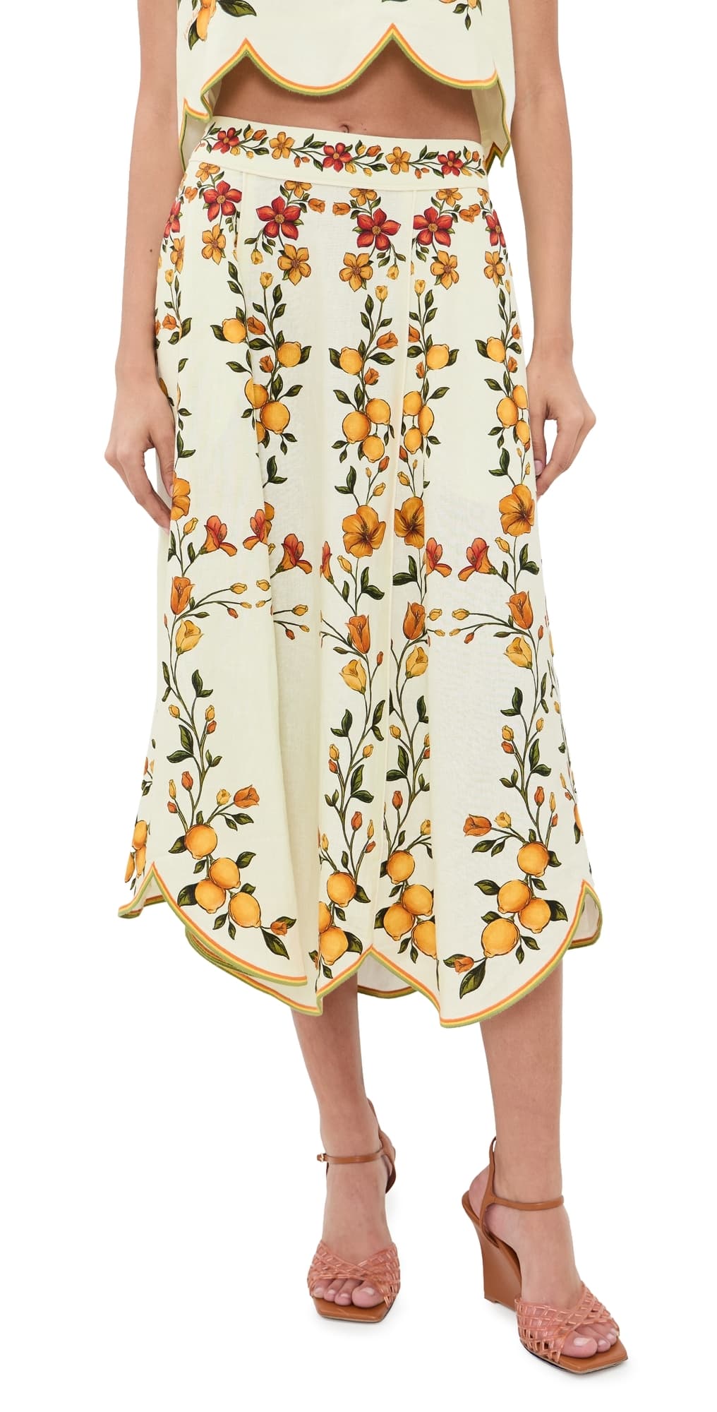 FARM Rio Scalloped Midi Skirt Lemon Bouquet Off-White