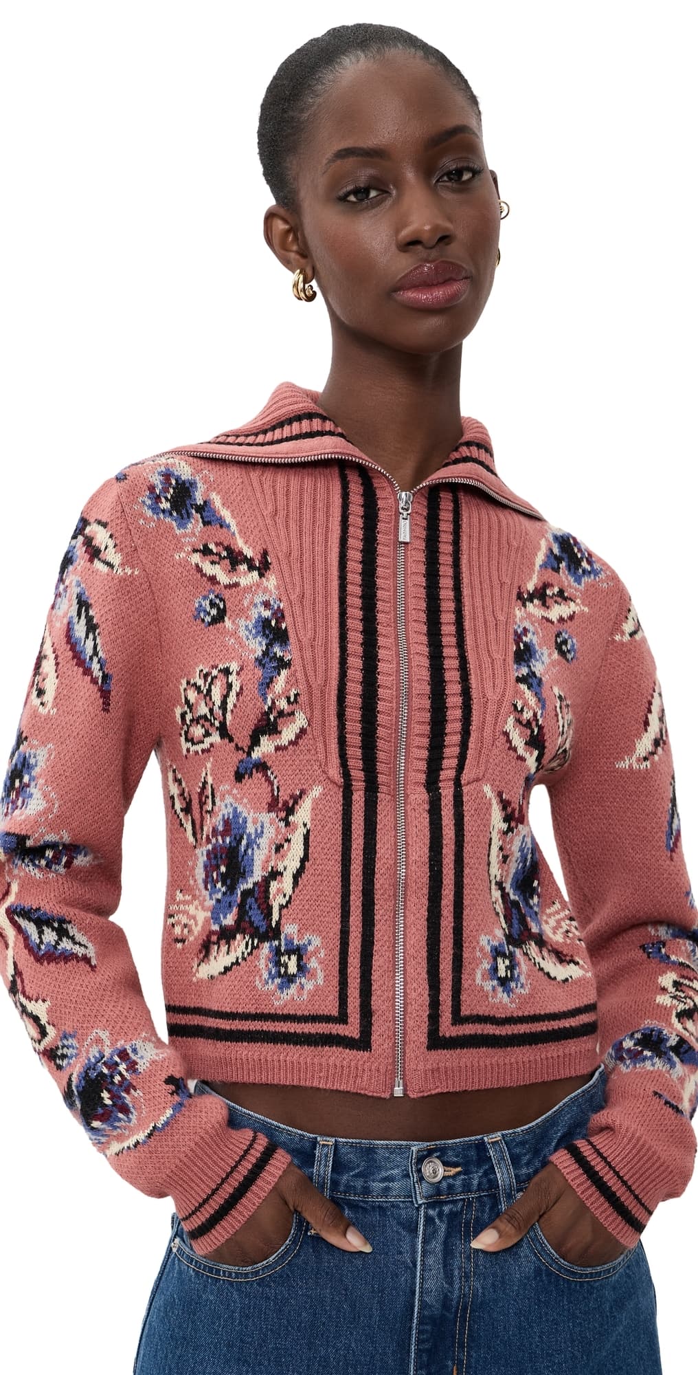 FARM Rio Floral Beauty Tapestry Knit Cardigan Floral Tapestry Blush Pink