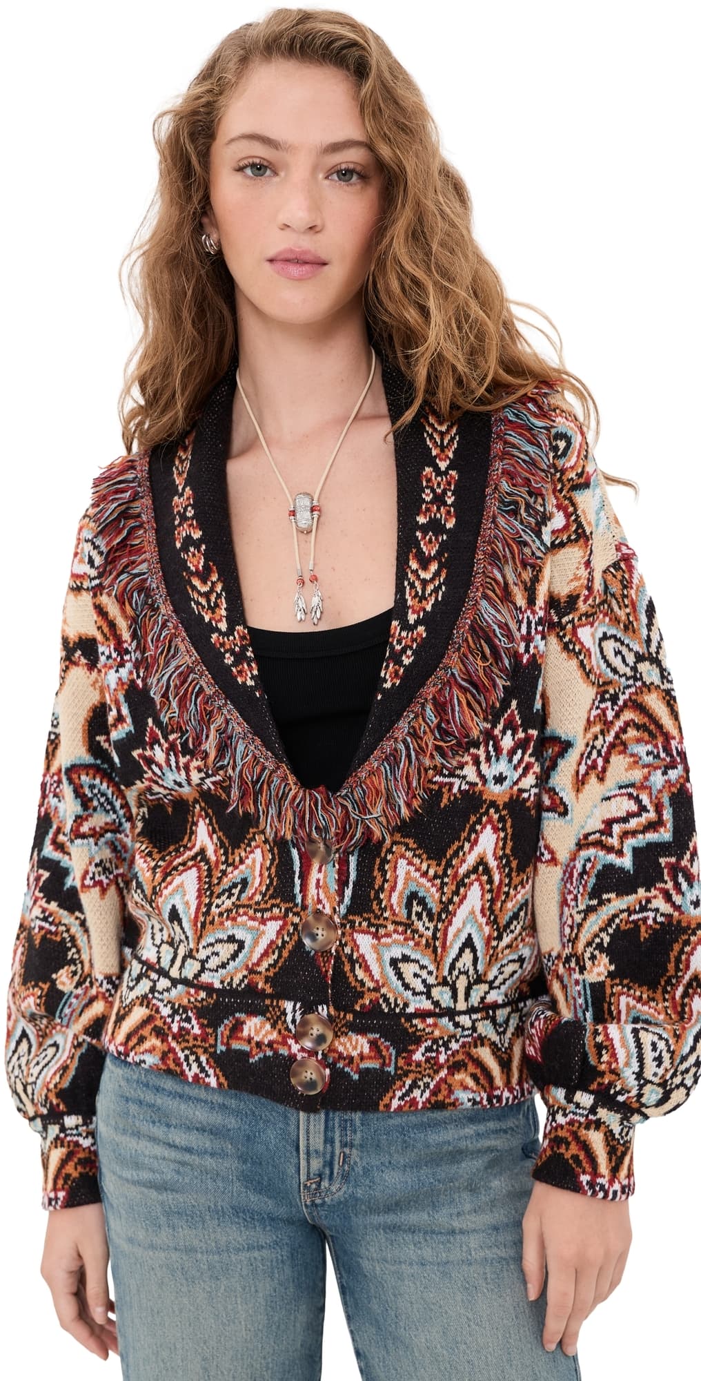 FARM Rio Tapestry Knit Fringe Cardigan Tapestry Dream Cream