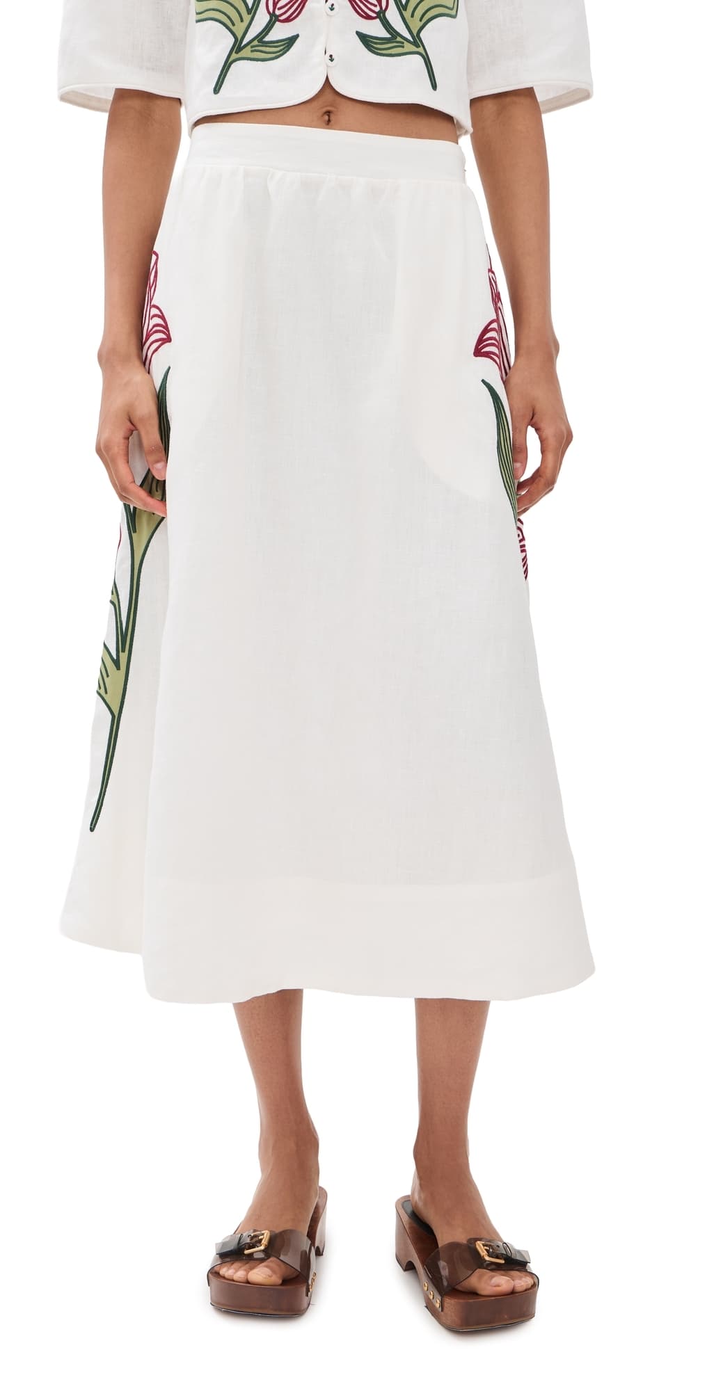 FARM Rio Linen Flower Midi Skirt Off-White
