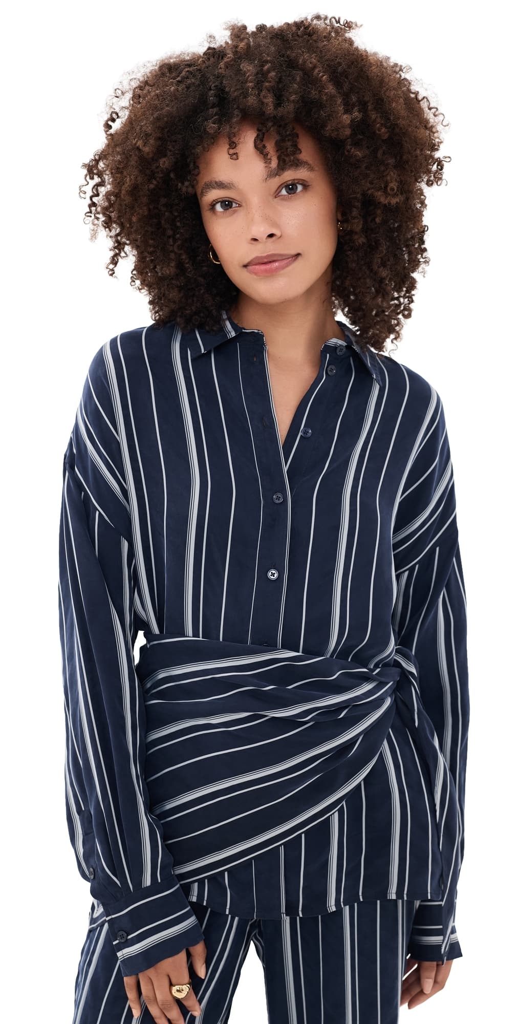 Favorite Daughter The Positano Button Down Shirt Midnight Grey Stripe