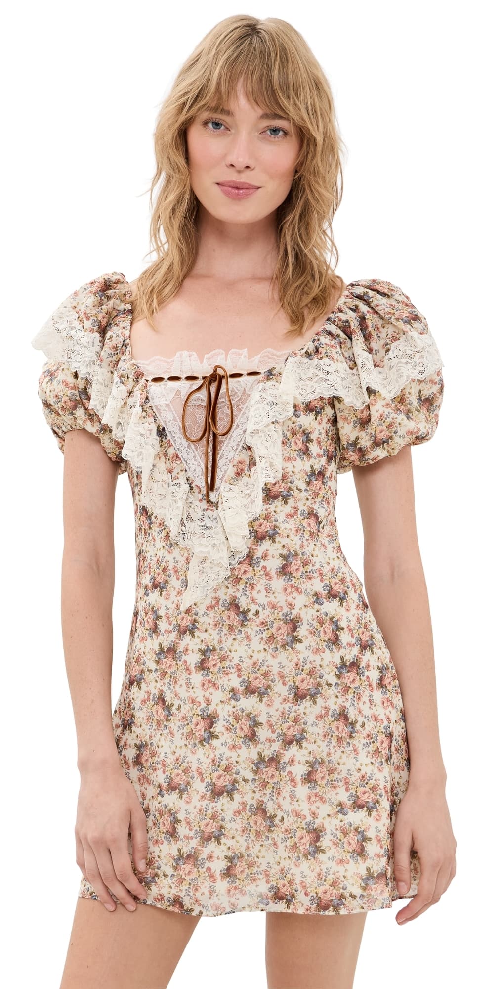 For Love & Lemons Betsy Floral Mini Dress Cream Brown