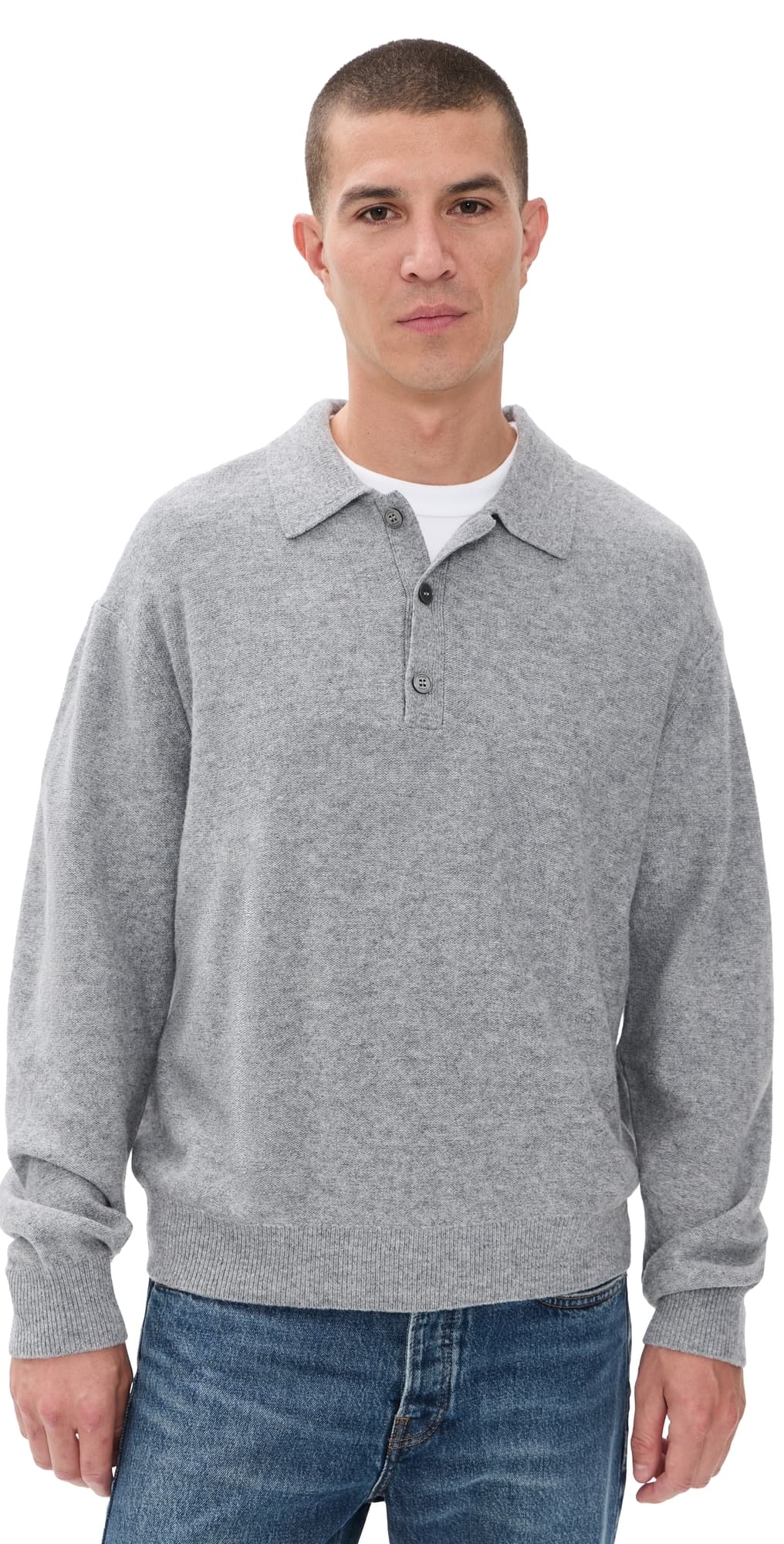 FRAME Boiled Wool Polo Sweater Grey Melange