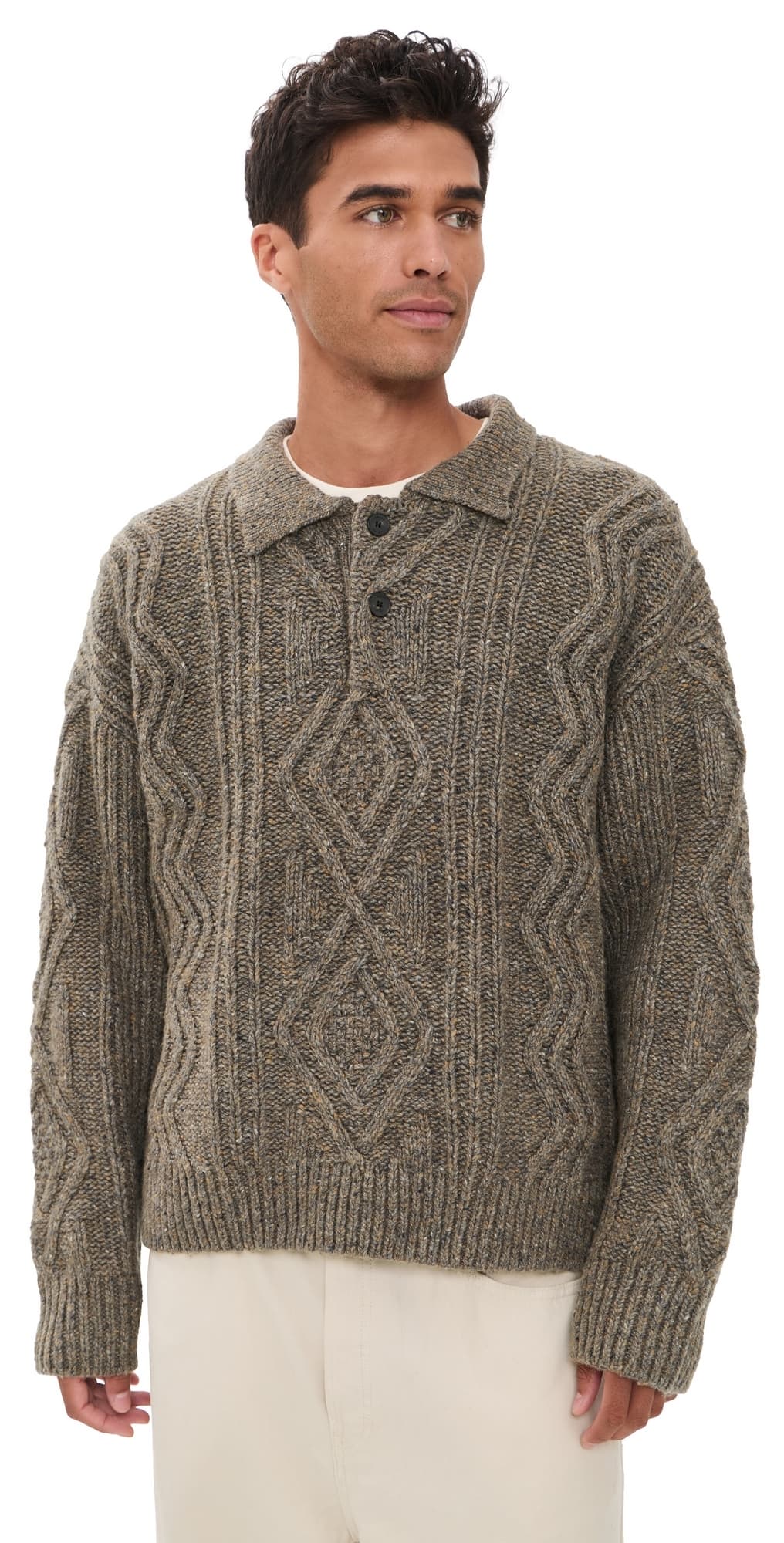 FRAME Cable Polo Sweater Brown Olive