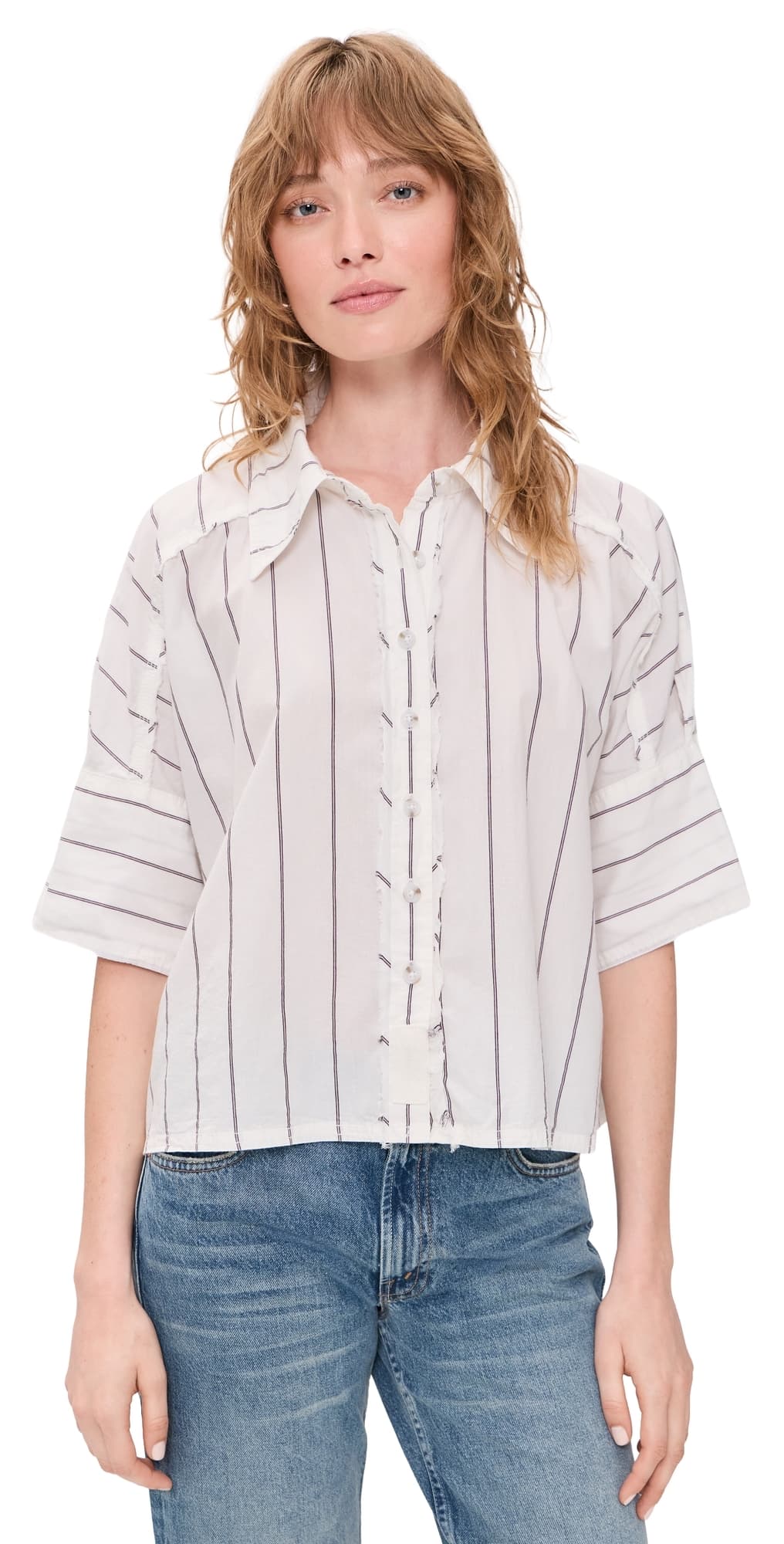 Free People Seaside Stripe Button Down Shirt Ivory Combo