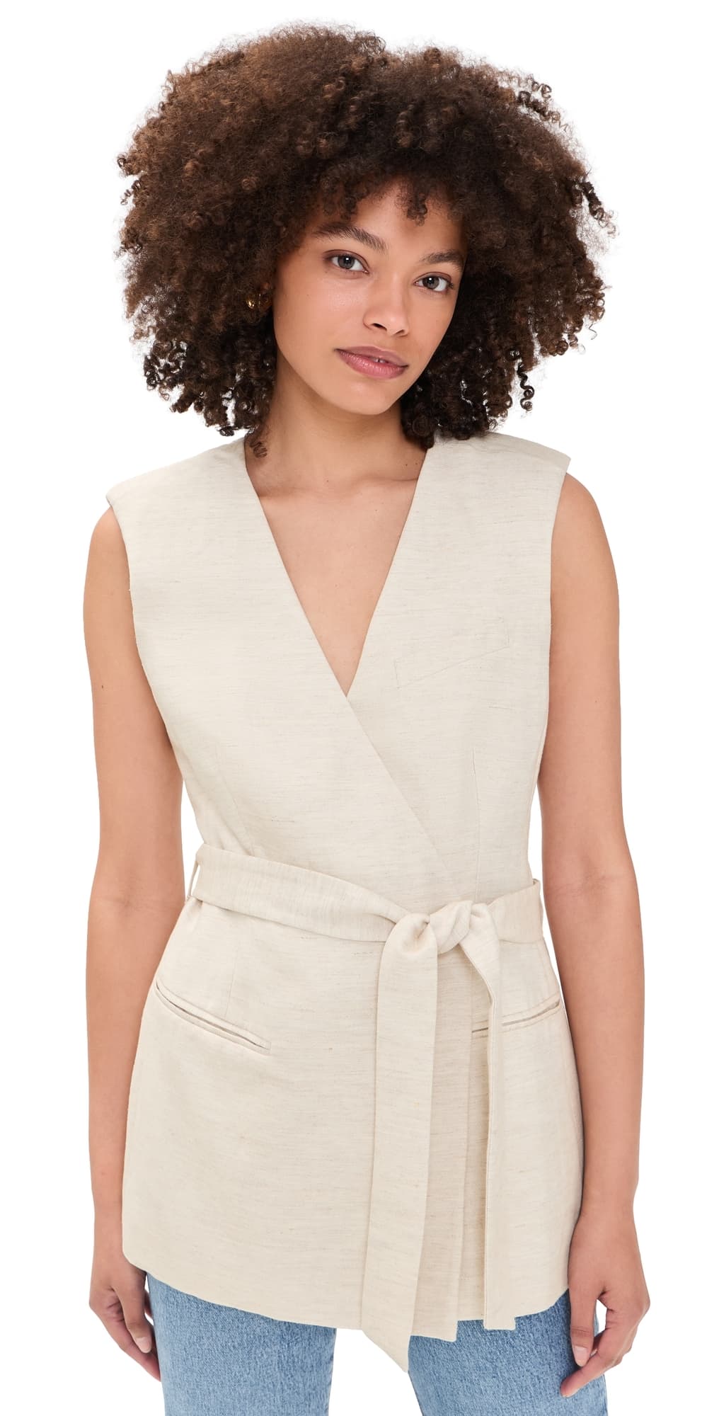 Good American Linen Blend Sleeveless Belted Vest Oat