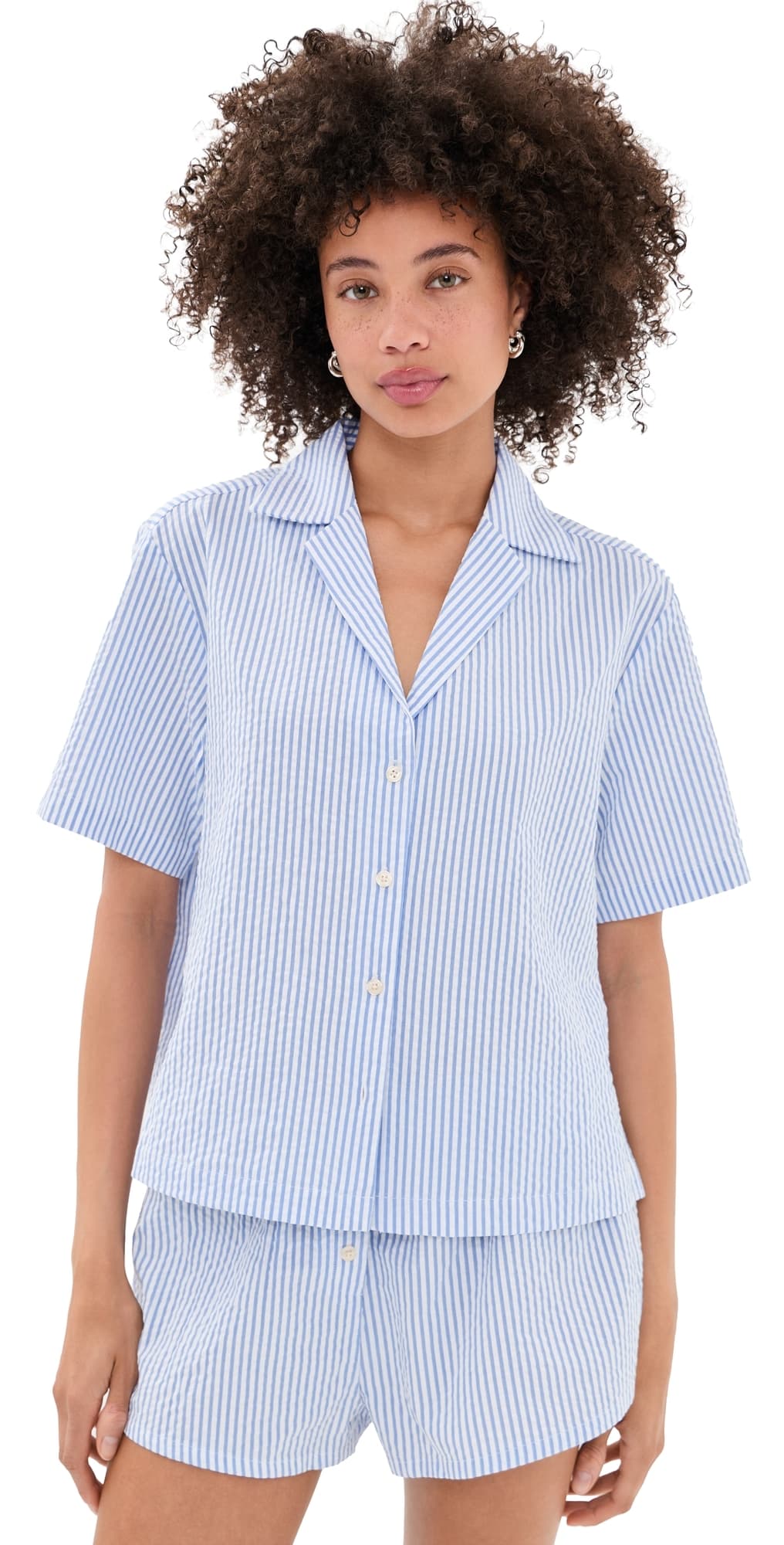 Good American The Camp Shirt Blue Stripe Seersucker