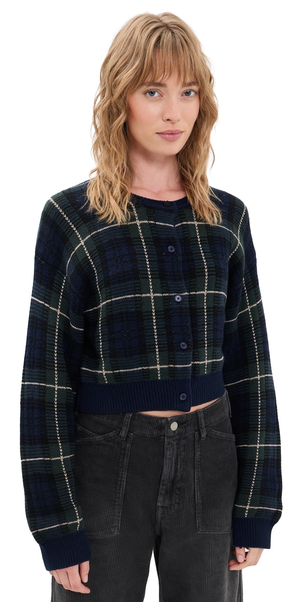 Good American The Shrunken Cardigan Forest Plaid