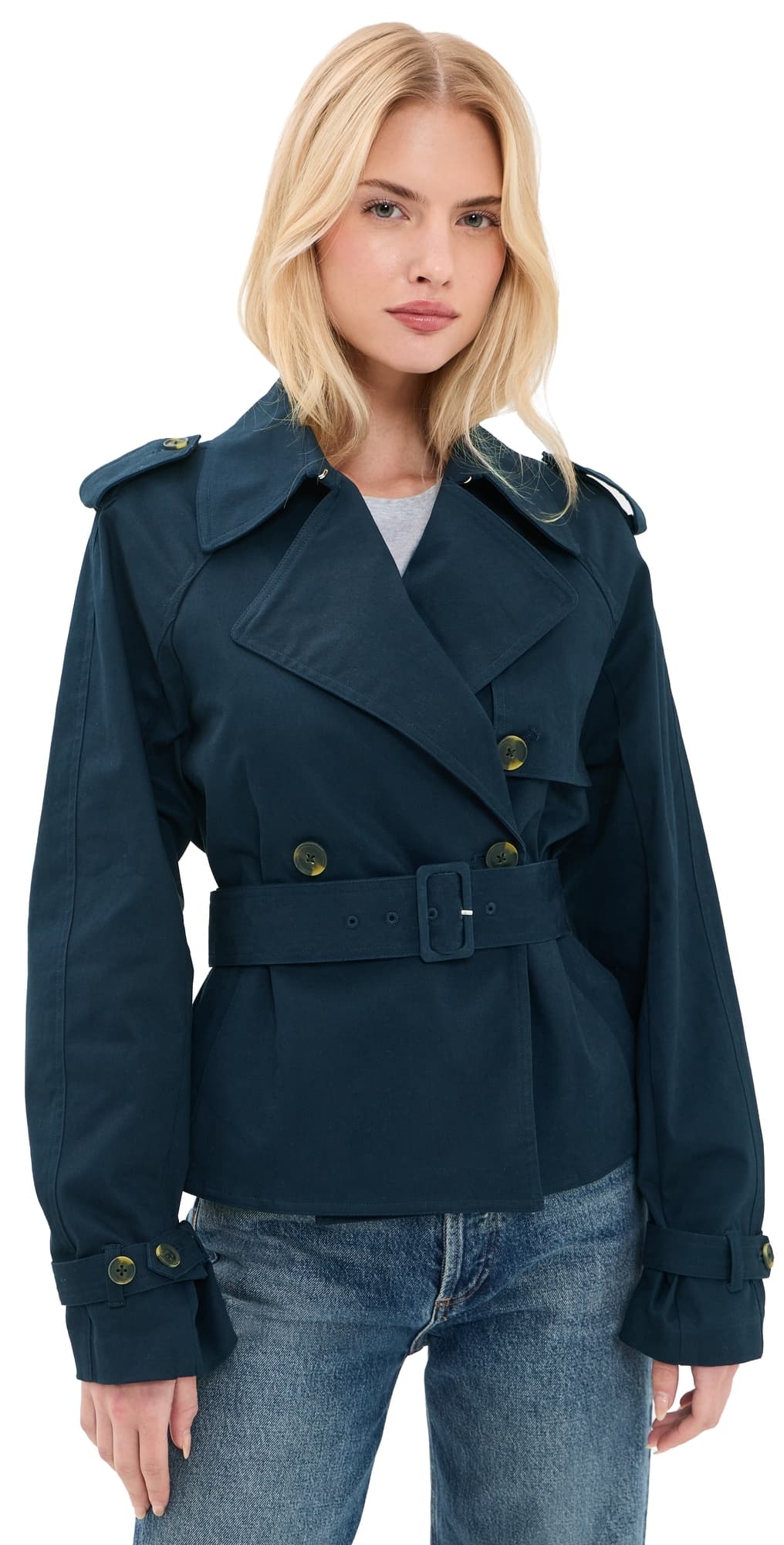 Good American Cropped Trench Jacket new navy002