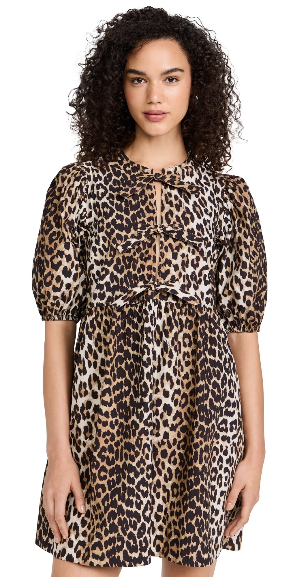 GANNI Cotton Poplin Tie String Mini Dress Leopard