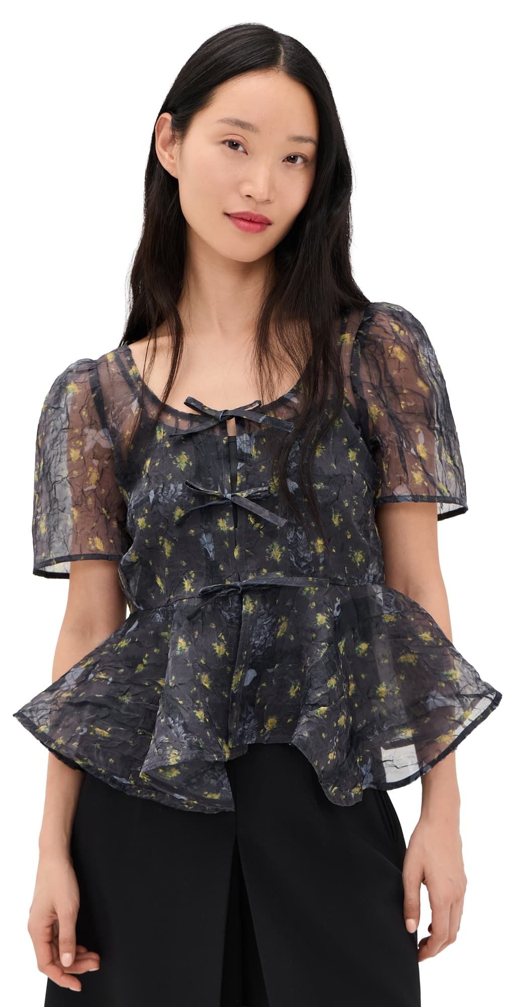 GANNI Printed Shibori Organza Sun Cut Peplum Blouse Black Sand