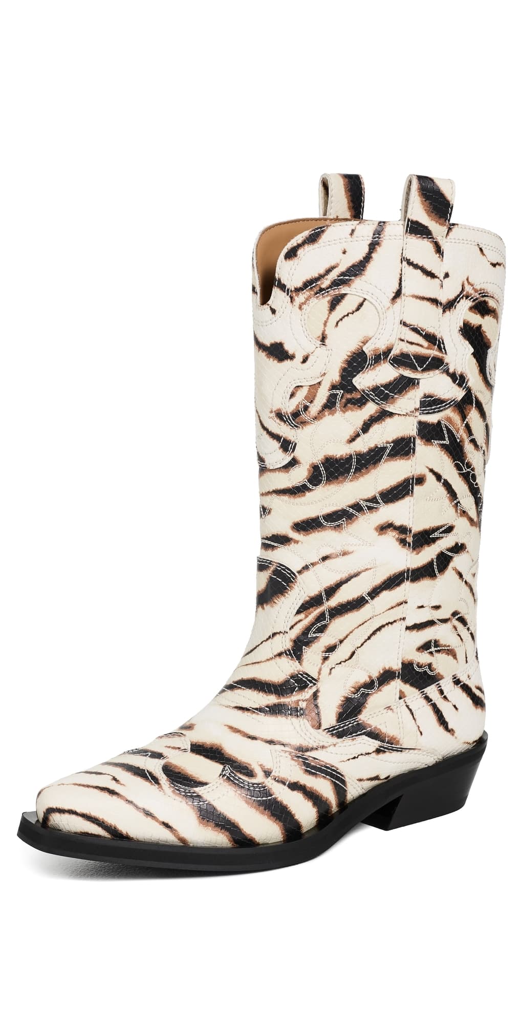 GANNI Embroidered Zebra Western Boots Egret