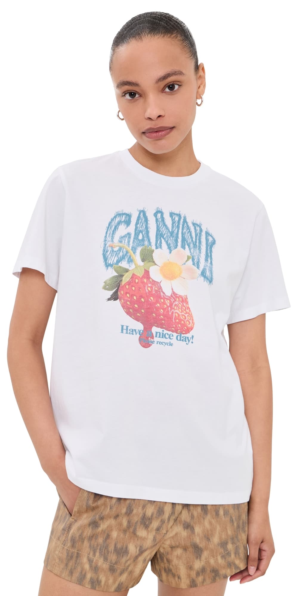 GANNI Basic Cotton Jersey Strawberry Print Tee Bright White