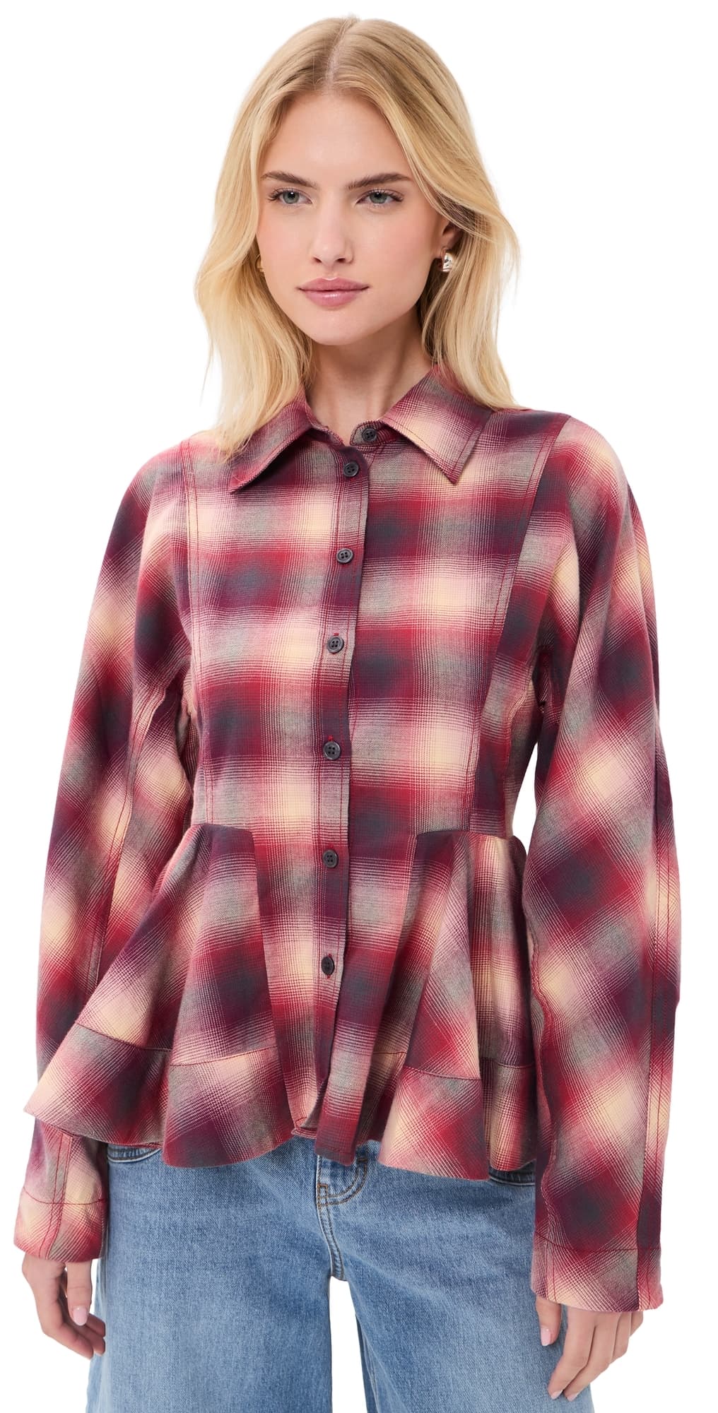 GANNI Cotton Flannel Check Peplum Shirt Raspberry Wine