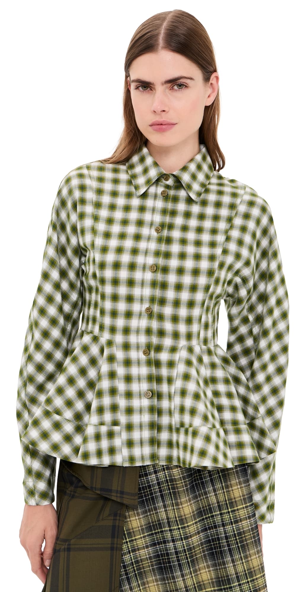 GANNI Light Check Flannel Peplum Shirt Green Moss