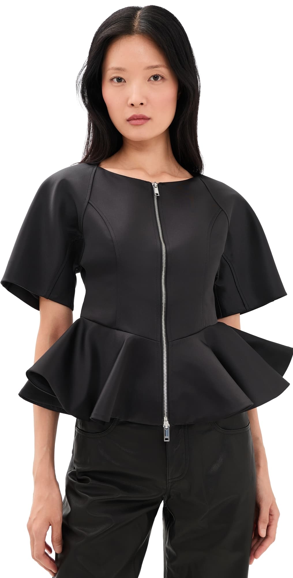 GANNI Duchesse Satin Peplum Zip Blouse Black