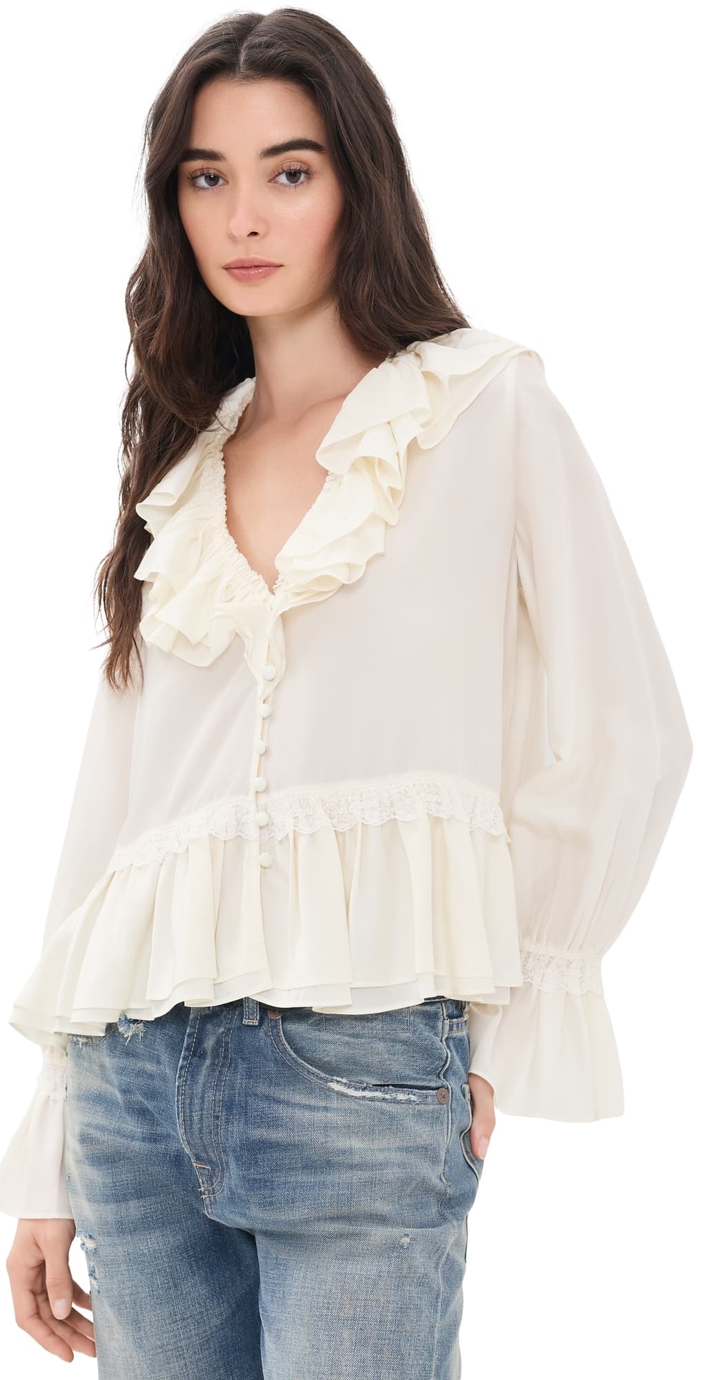 GANNI Viscose Silk Blend Frill Blouse Egret