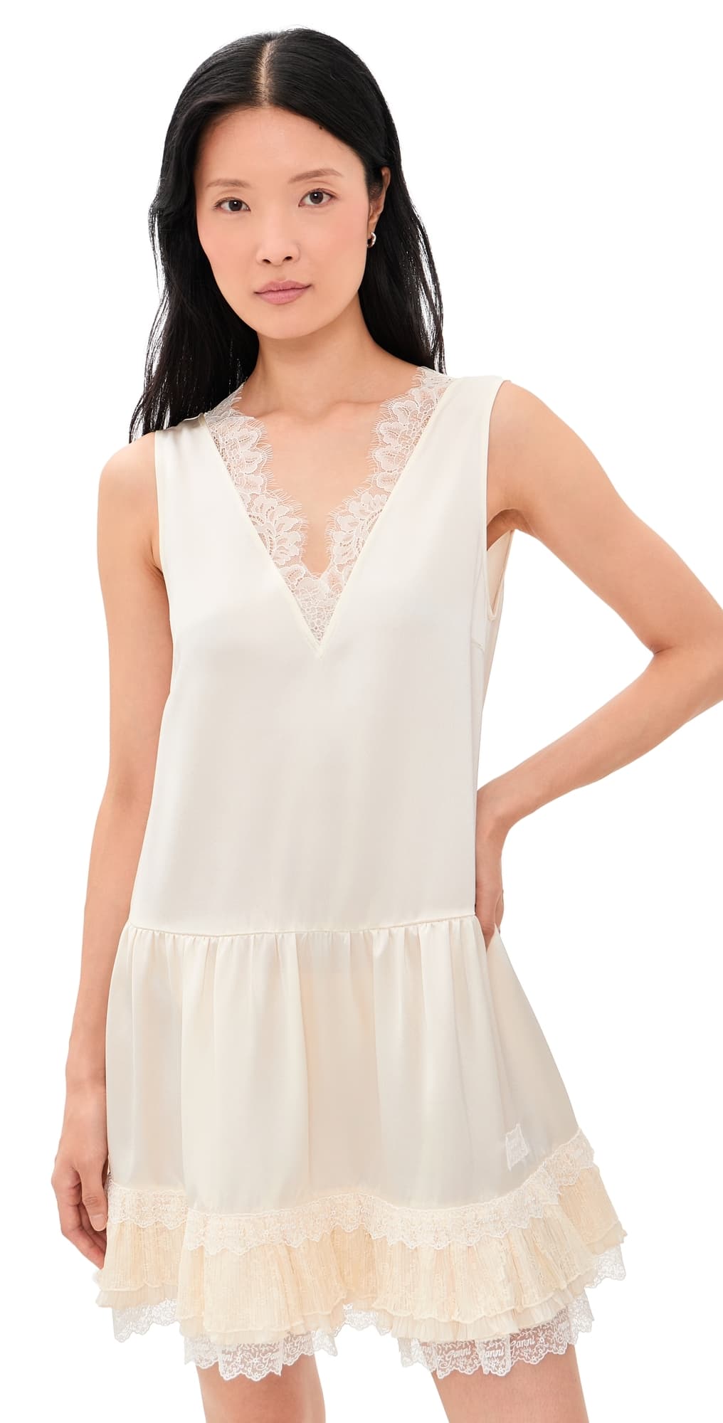 GANNI Fluid Satin V Neck Lace Mini Dress Egret