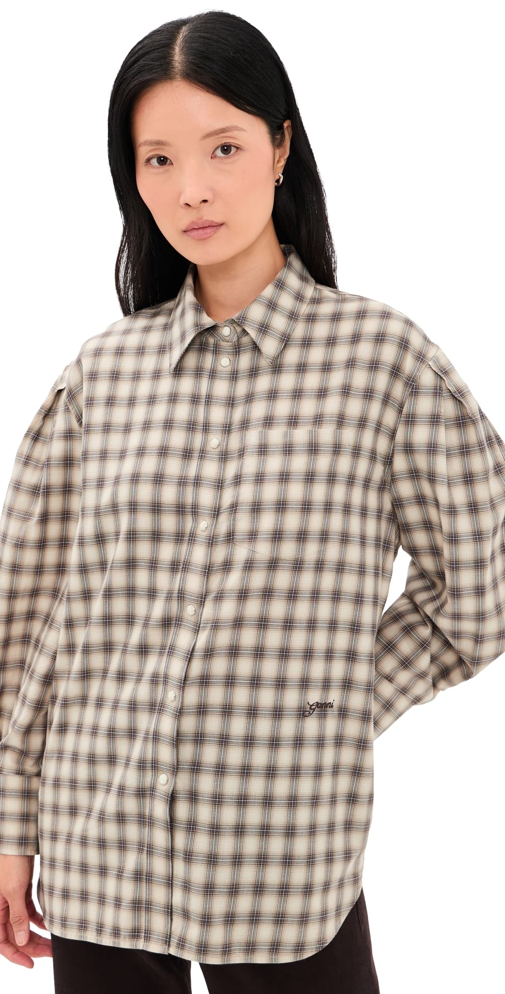 GANNI Light Check Flannel Pleated Sleeve Shirt Oyster Gray