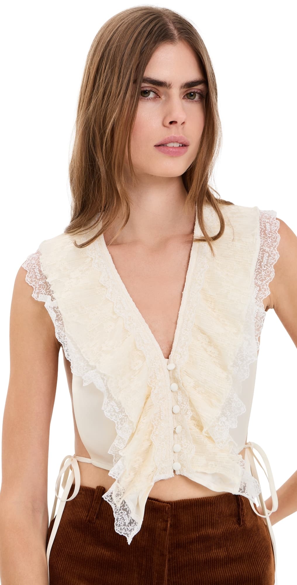 GANNI Fluid Satin Ruffle Lace Collar Egret