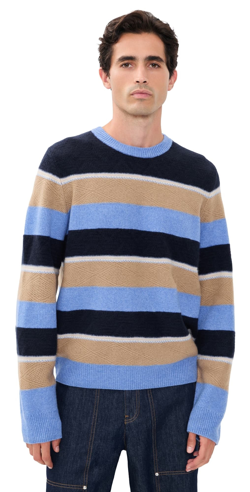 Guest in Residence Stripe Cashmere Crew Sweater Delft Blue Combo