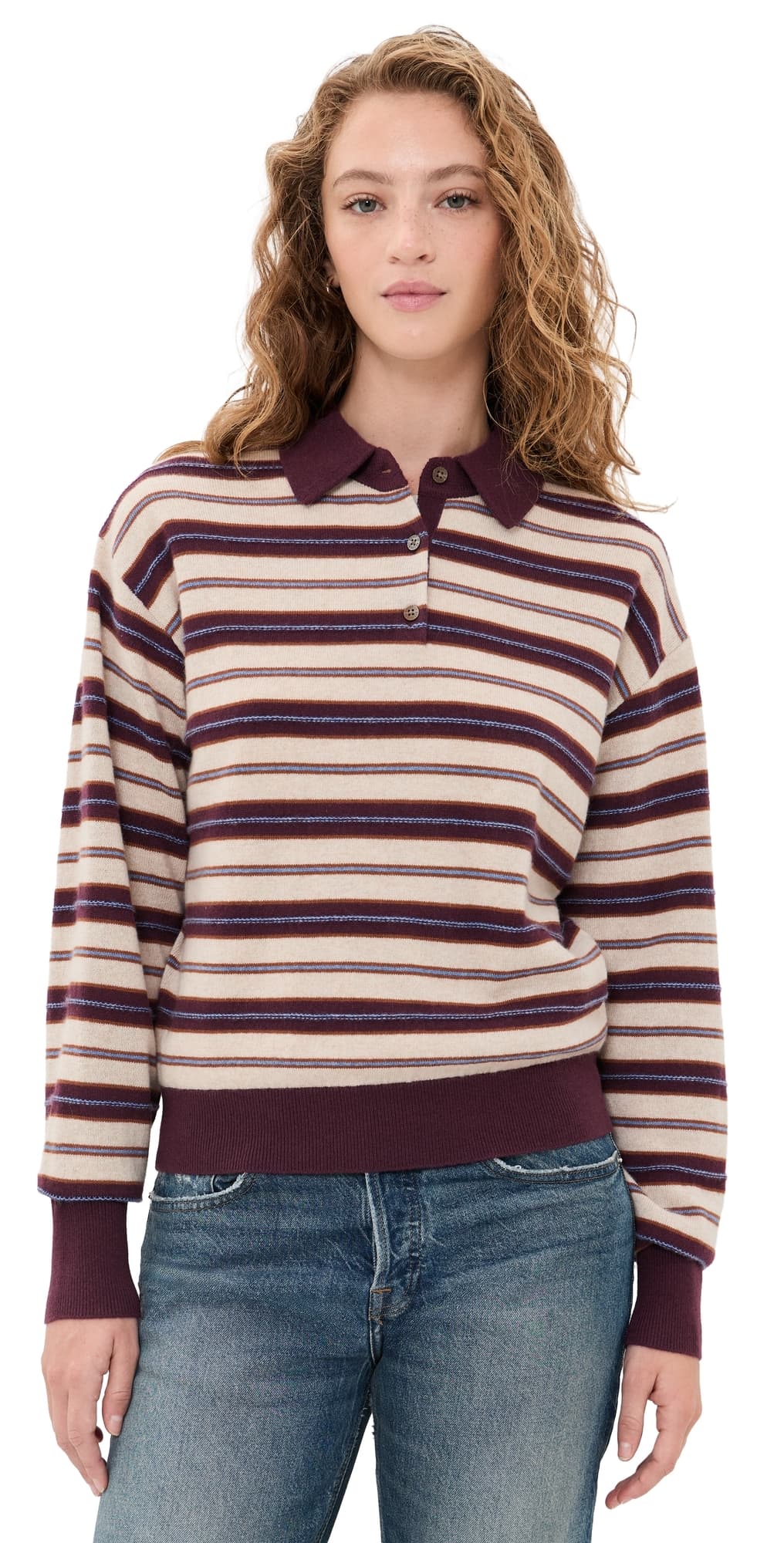 Guest in Residence Collegiate Stripe Cashmere Polo Pullover FIG COMBO