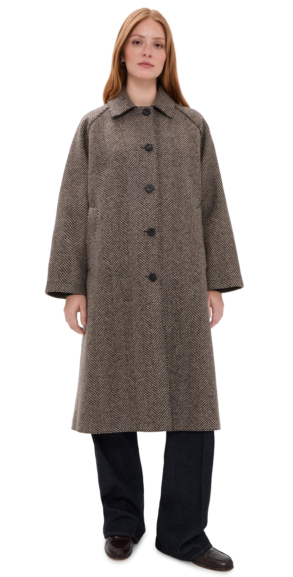 Harris Wharf London Balmacaan Patterned Cashmere Blend Jacket Cream & Brown Herringbone