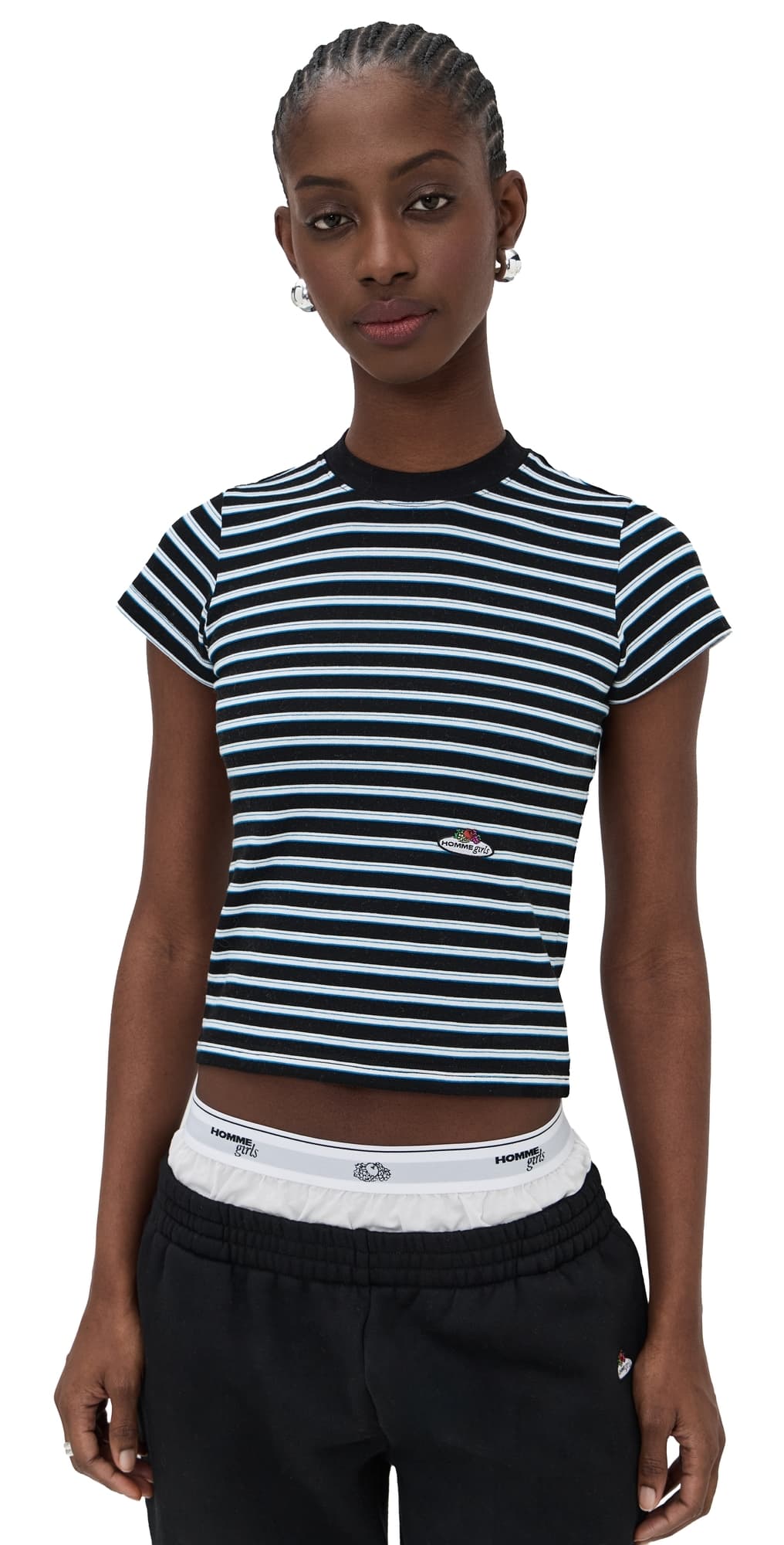 HOMMEGIRLS Homme Girls x Fruit of the Loom Striped Baby Tee Black Blue Stripe
