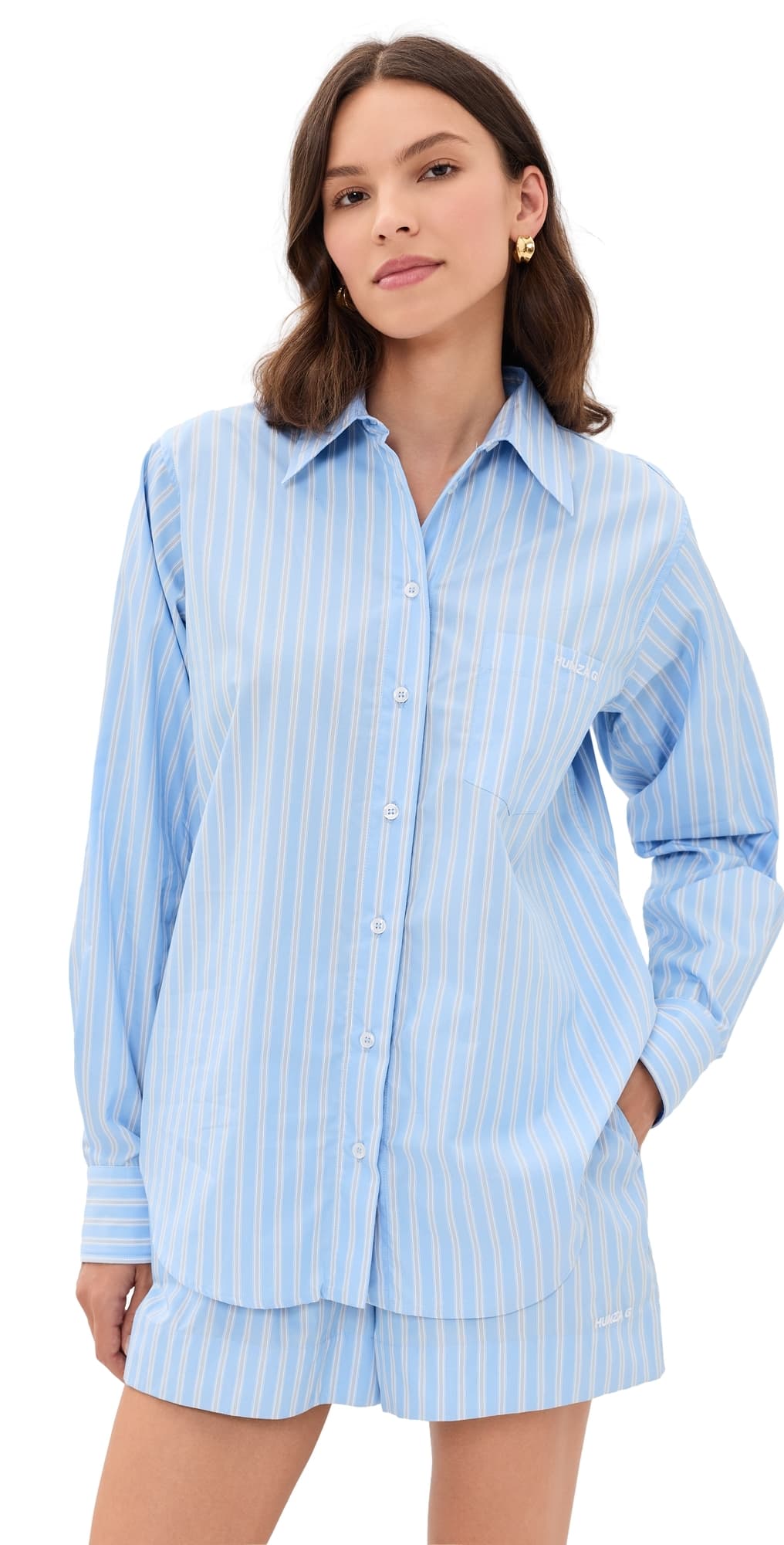 Hunza G Cotton Stripe Coverup Shirt Cornflower