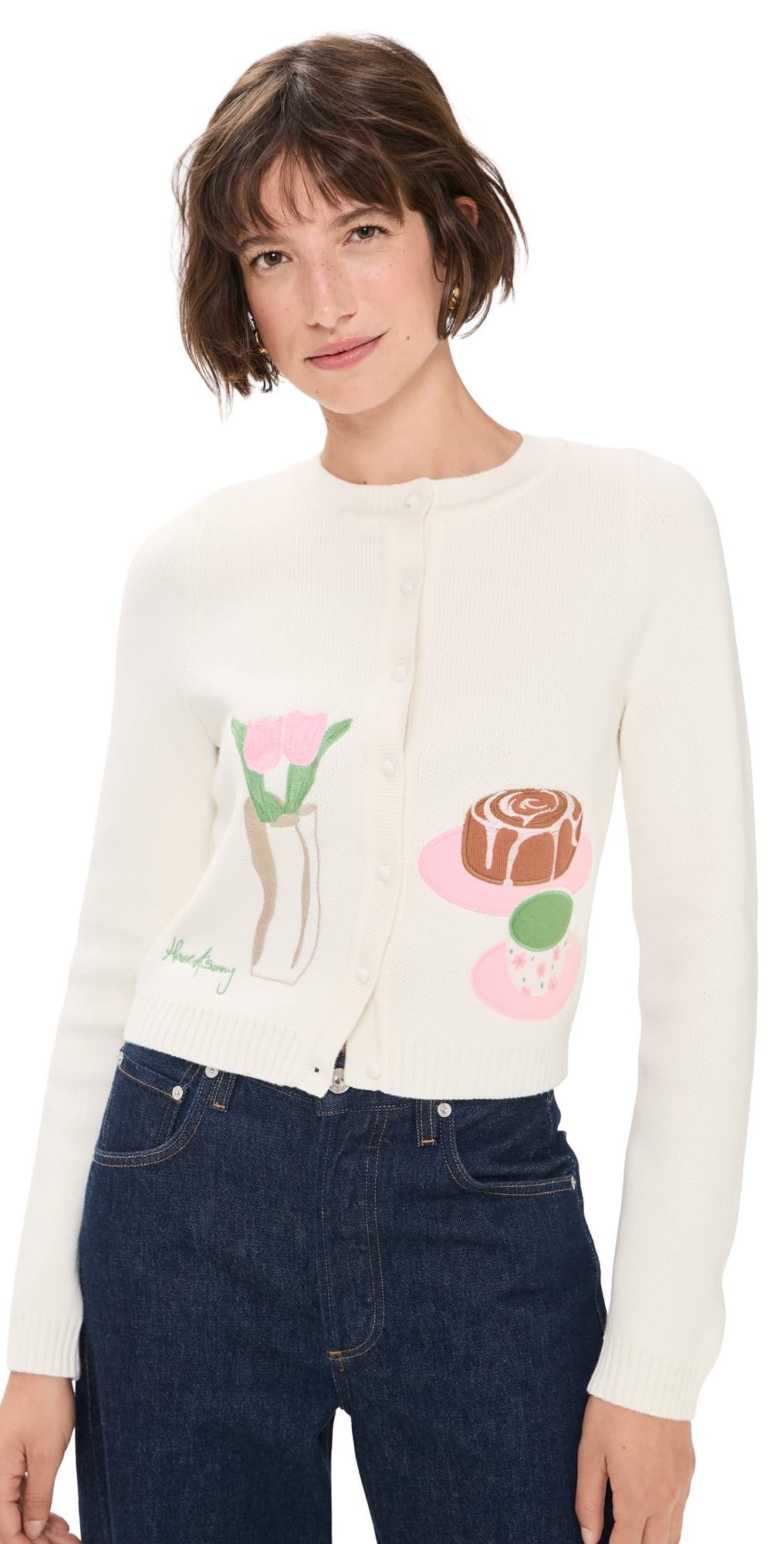 House of Sunny Collarless Picture Knit Cardigan Ivory