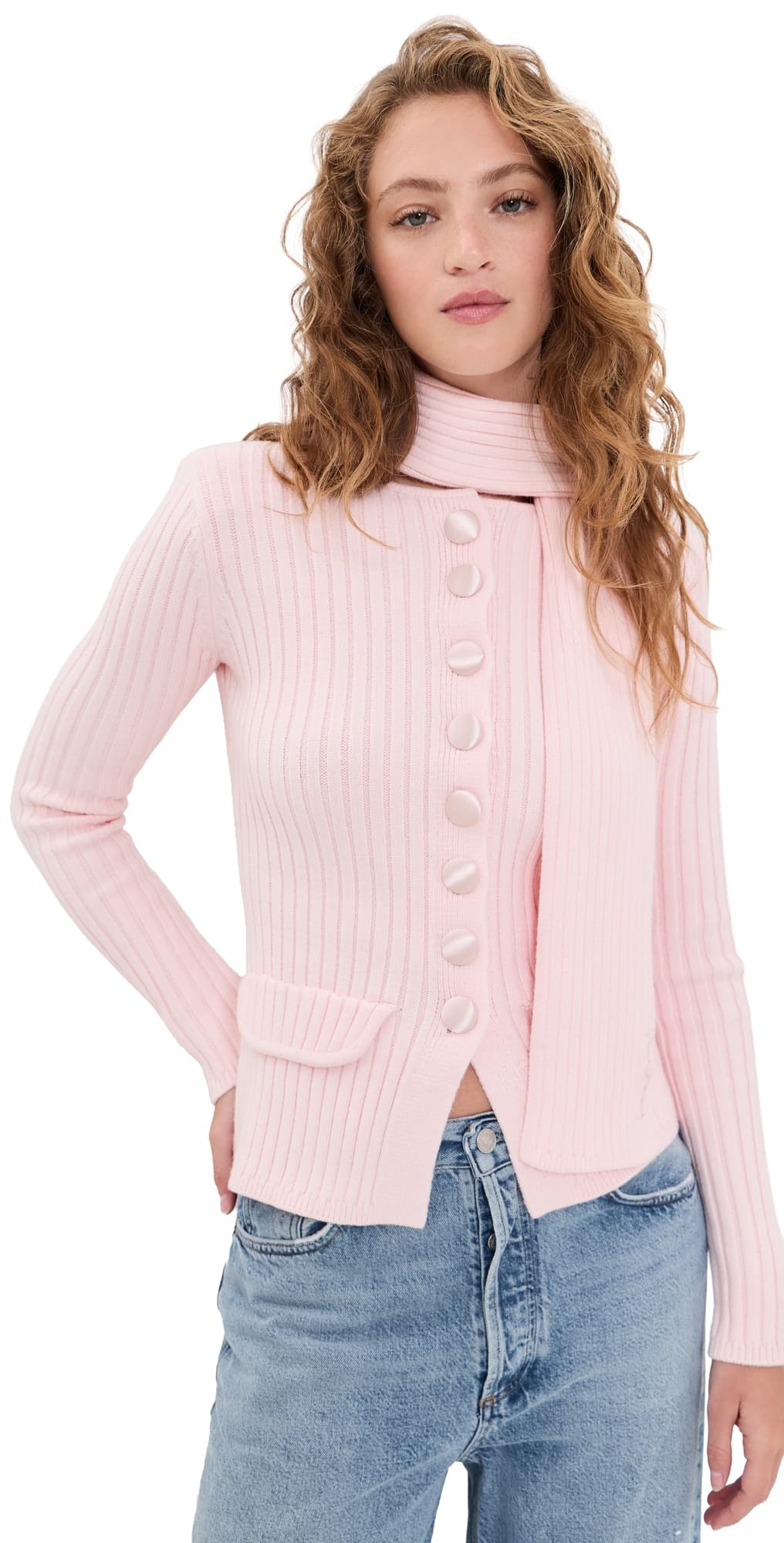 House of Sunny Classic Rib Knit Cardigan Pale Pink