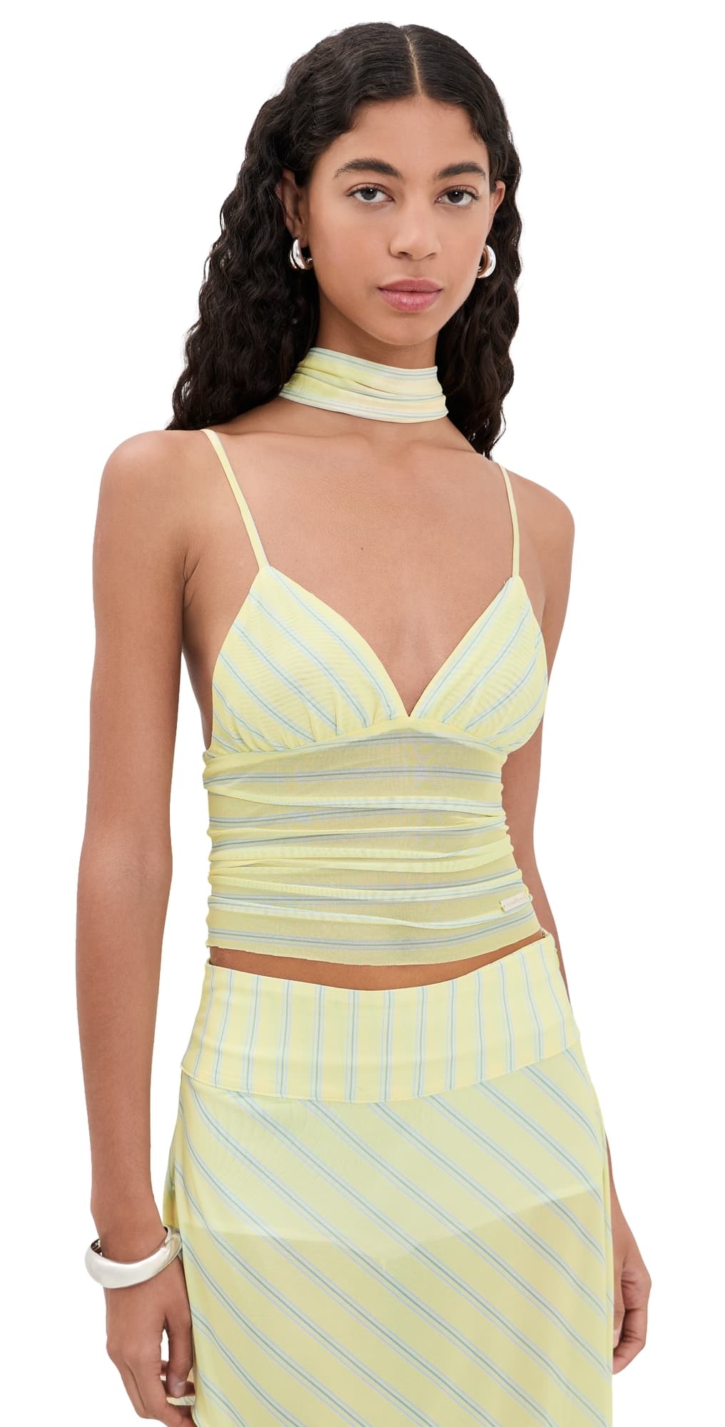 House of Sunny Striped Mesh Cami Top Butter