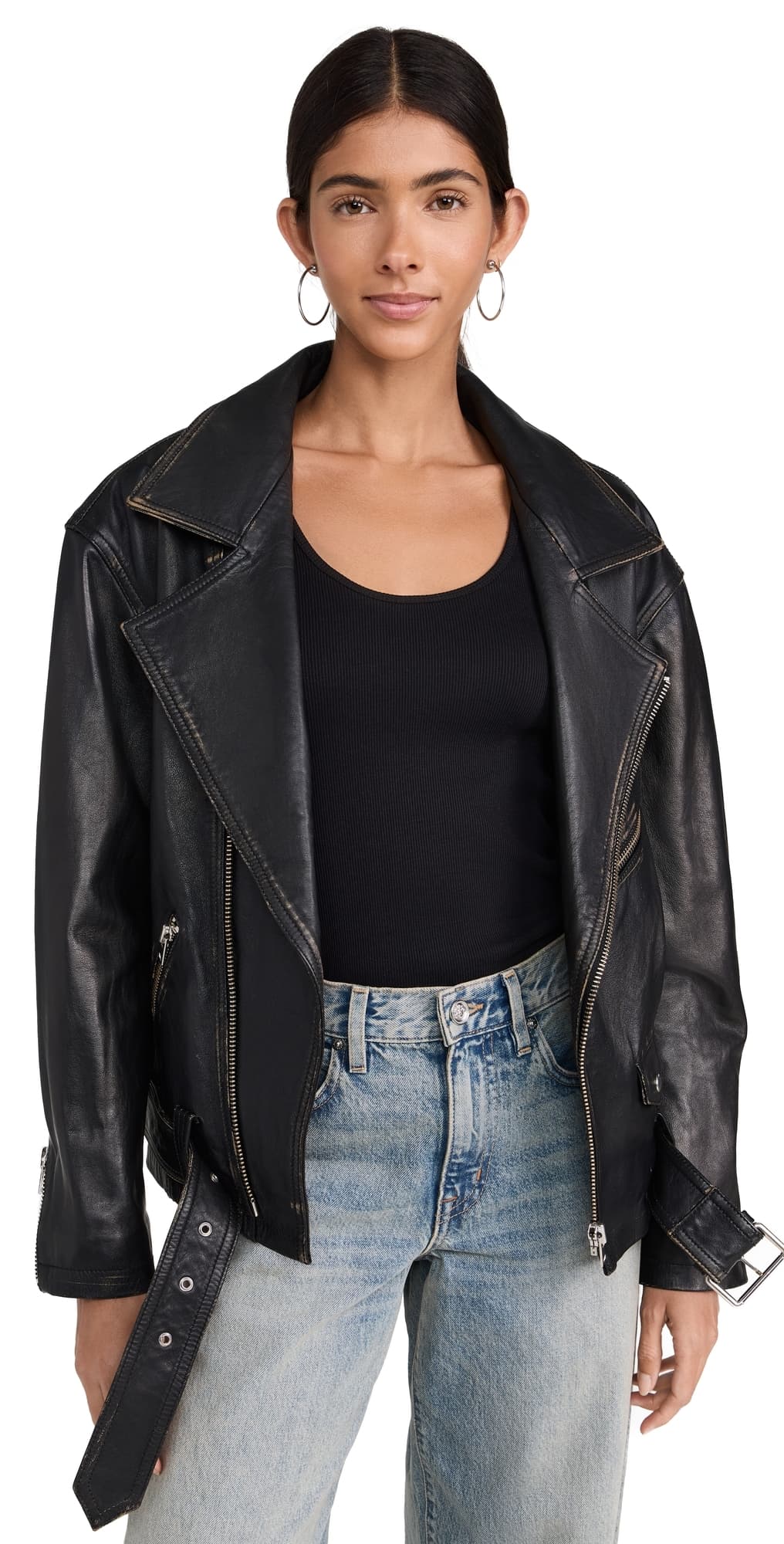 IRO Dylan Leather Biker Jacket Black Beige