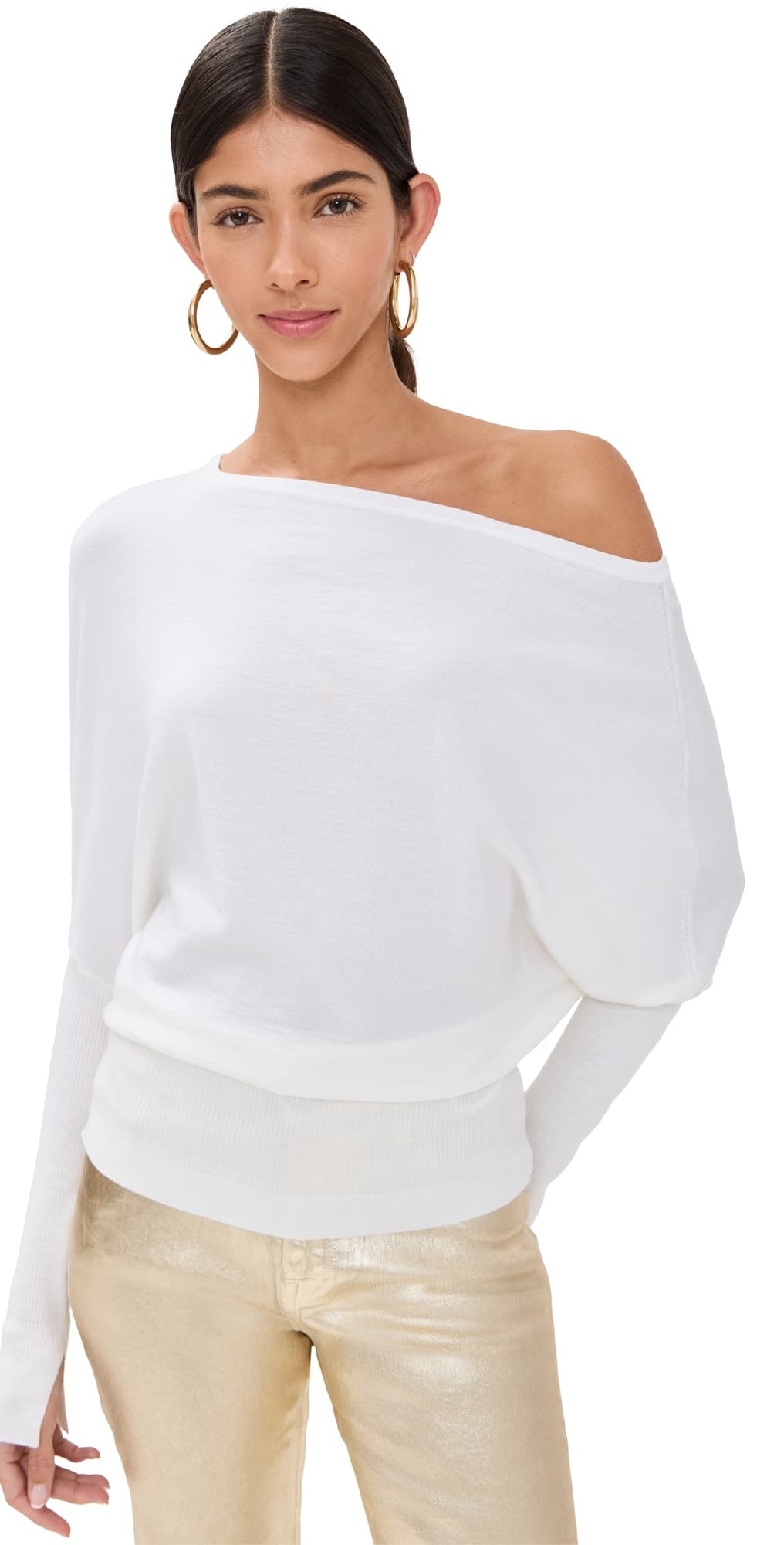 SIMKHAI Lavina Draped Off Shoulder Sweater Ivory