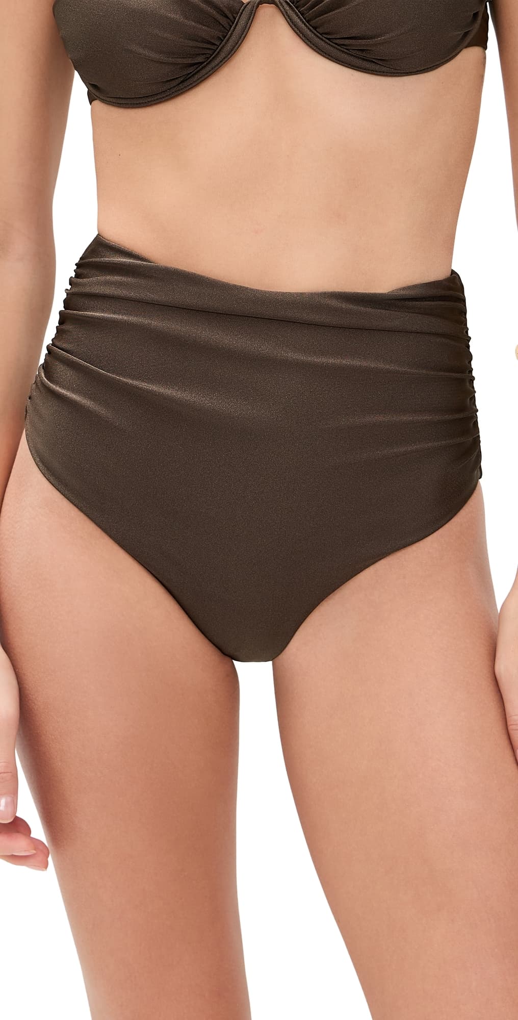 SIMKHAI Teya High Waisted Ruched Bikini Bottoms Chocolate