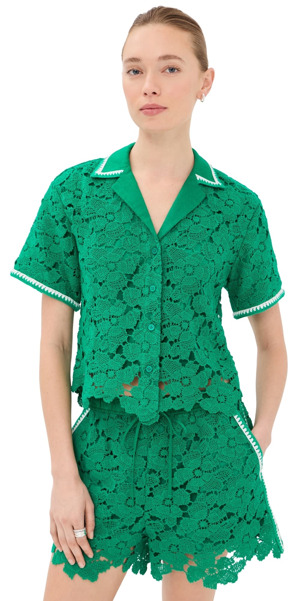 SIMKHAI Glenn Lace Camp Shirt Kelly Green