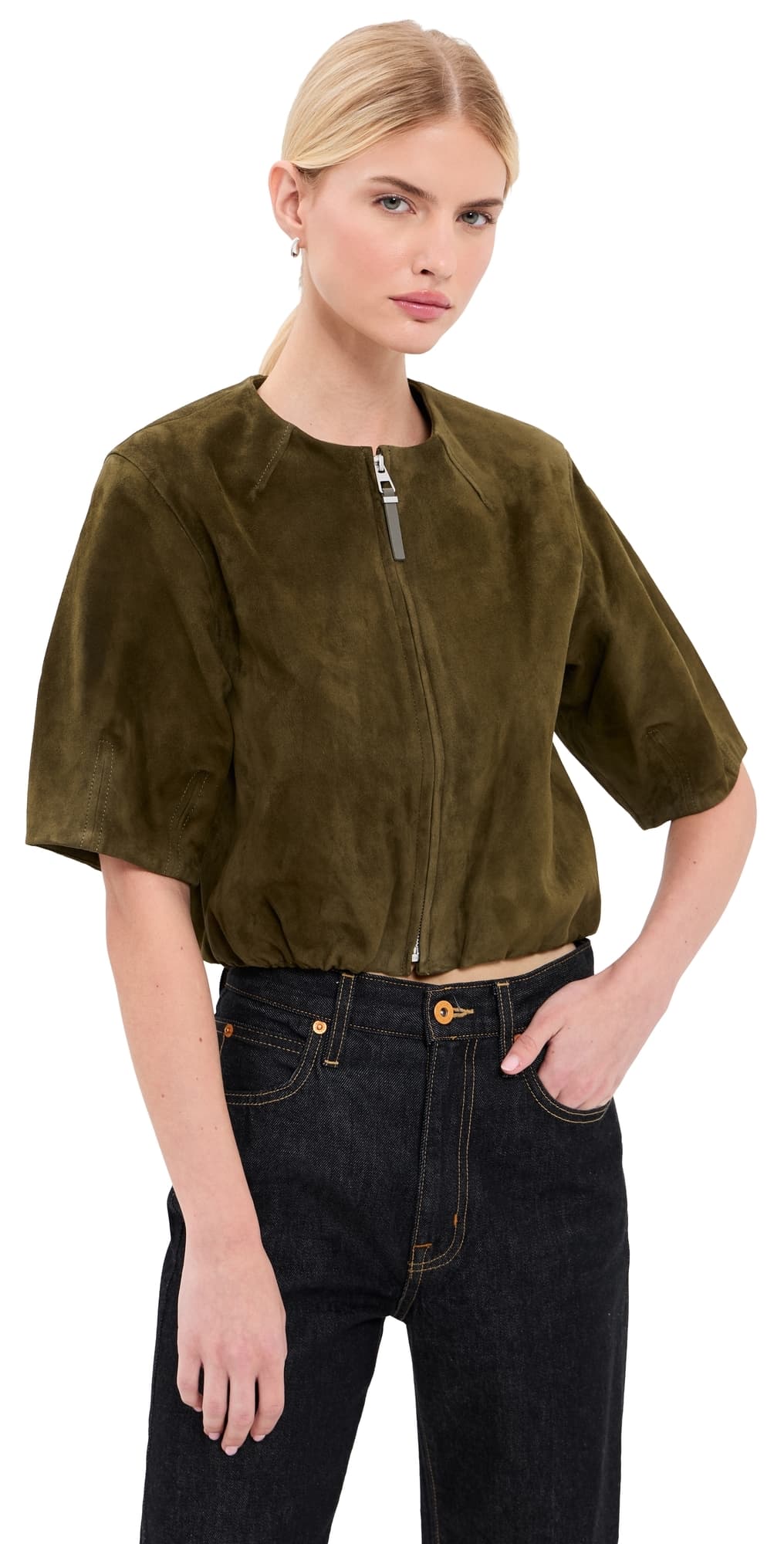 SIMKHAI Austyn Short Sleeve Zip Up Jacket Sea Turtle