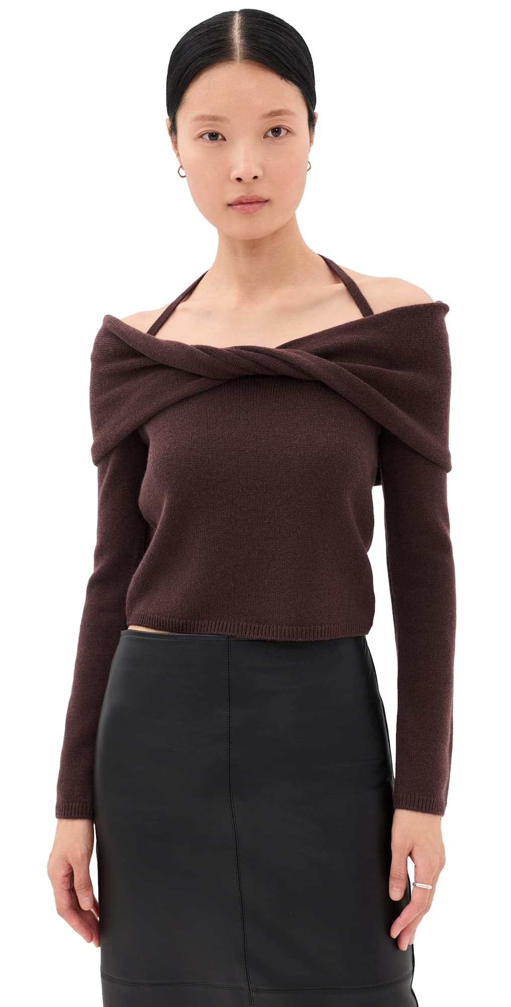 SIMKHAI Cambria Long Sleeve Off Shoulder Top Chocolate