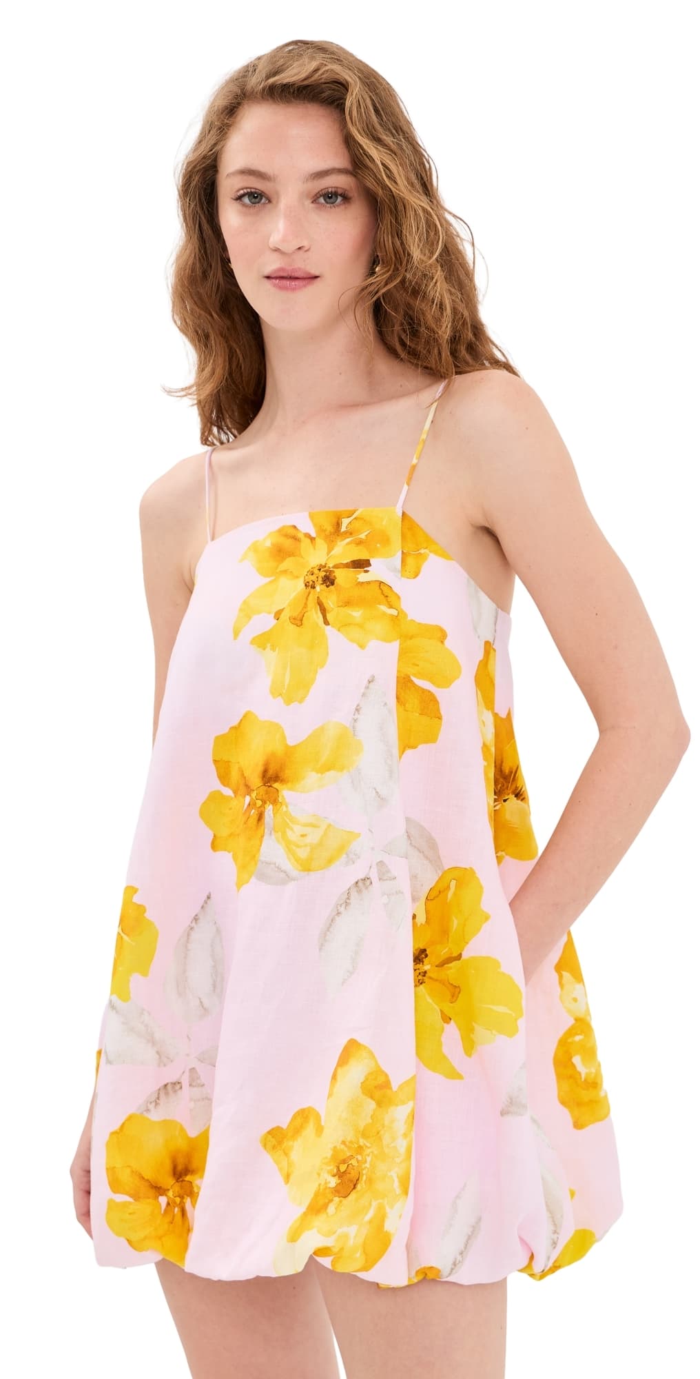 Kivari Francine Linen Bubble Mini Dress Pink Yellow